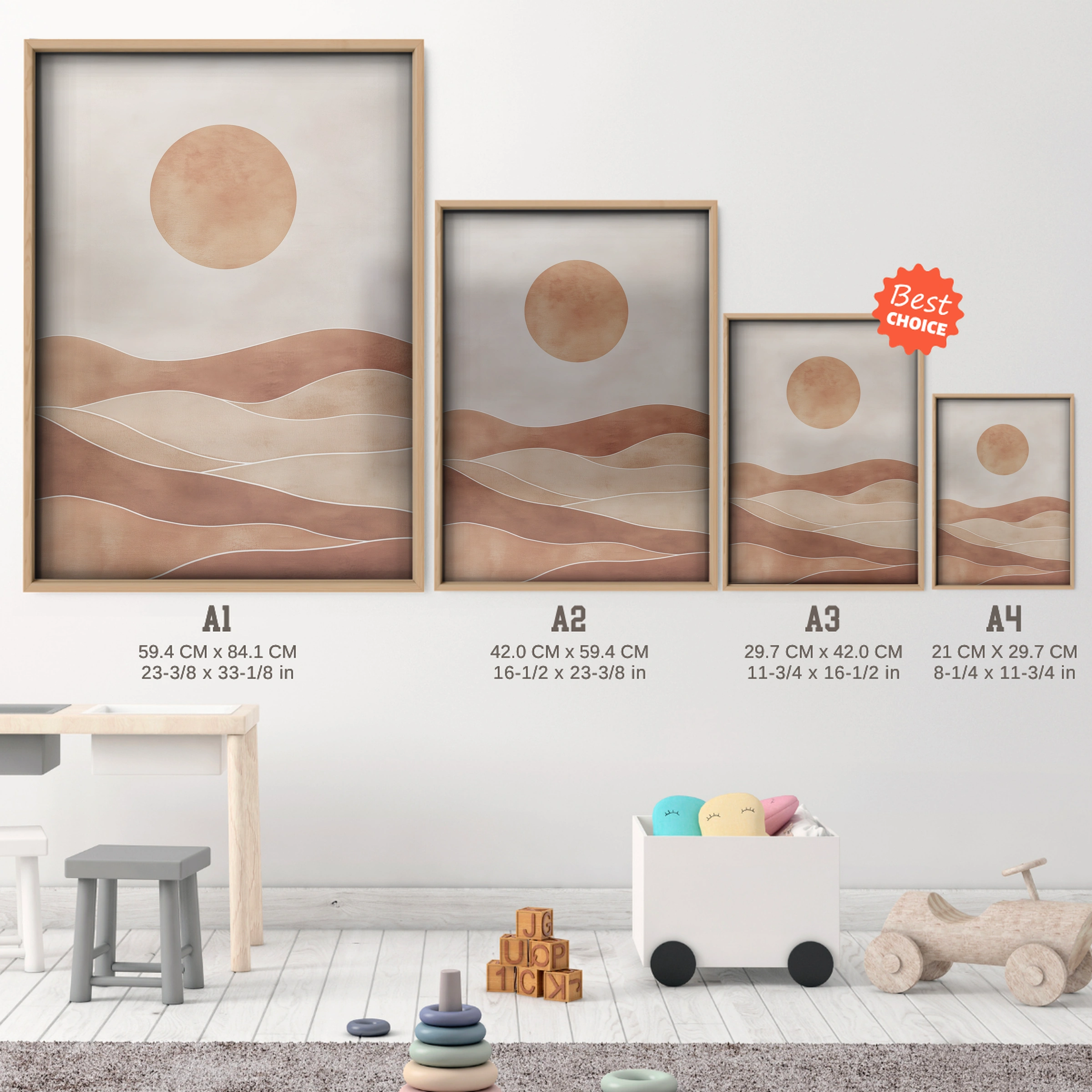 Sun and Hills Nursery Print - size guide A4 A3 A2 A1 nursery print