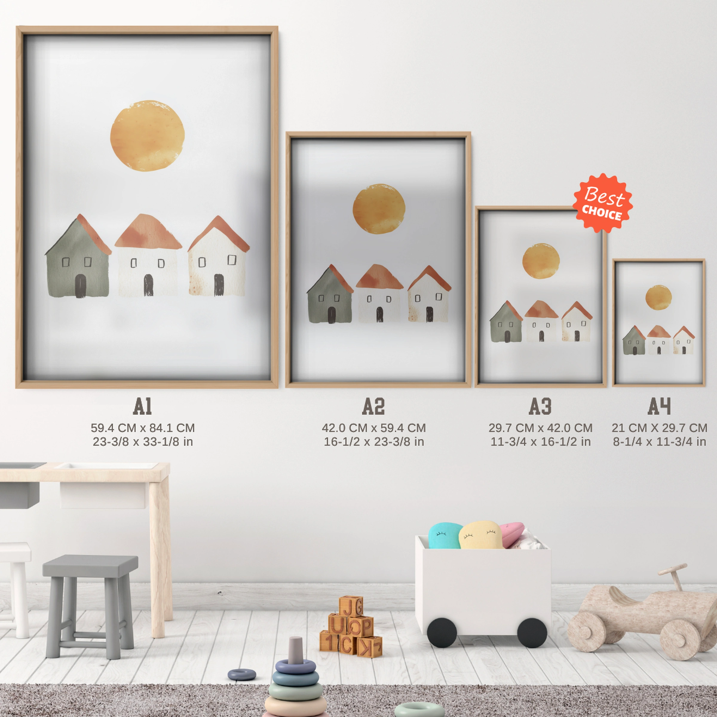 Sun and Houses Nursery Print - size guide A4 A3 A2 A1 nursery print