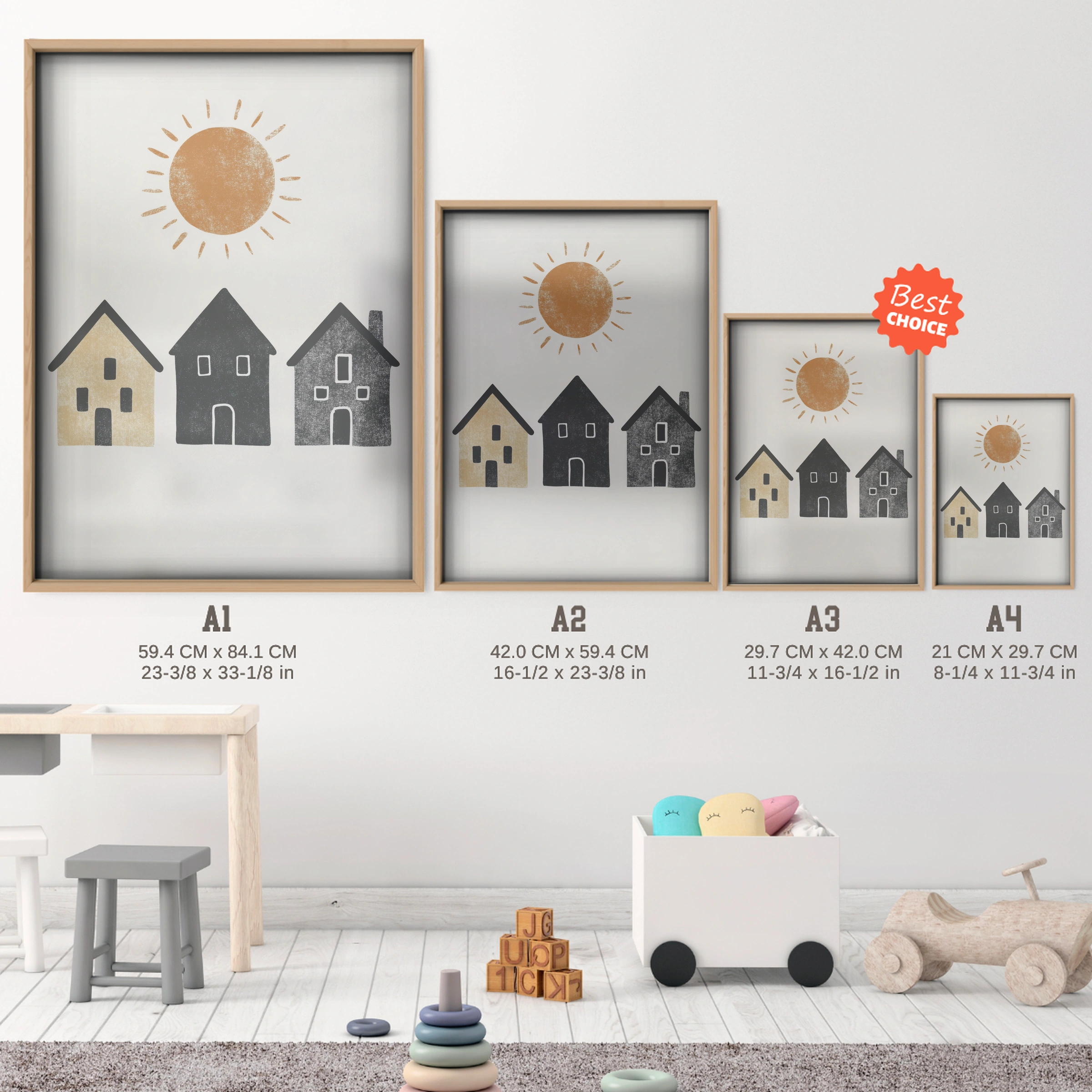 Sun and Houses Two Nursery Print - size guide A4 A3 A2 A1 nursery print