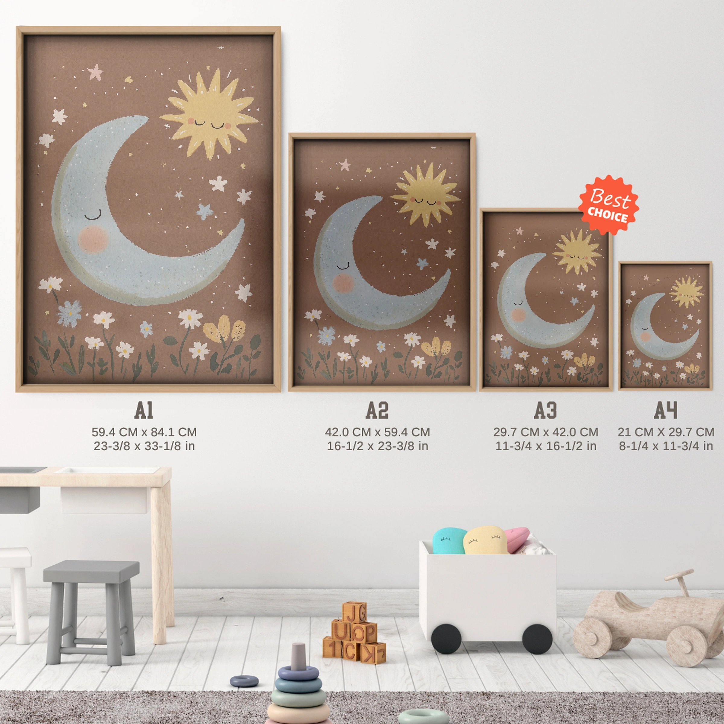 Sun and Moon Nursery Print - size guide A4 A3 A2 A1 nursery print