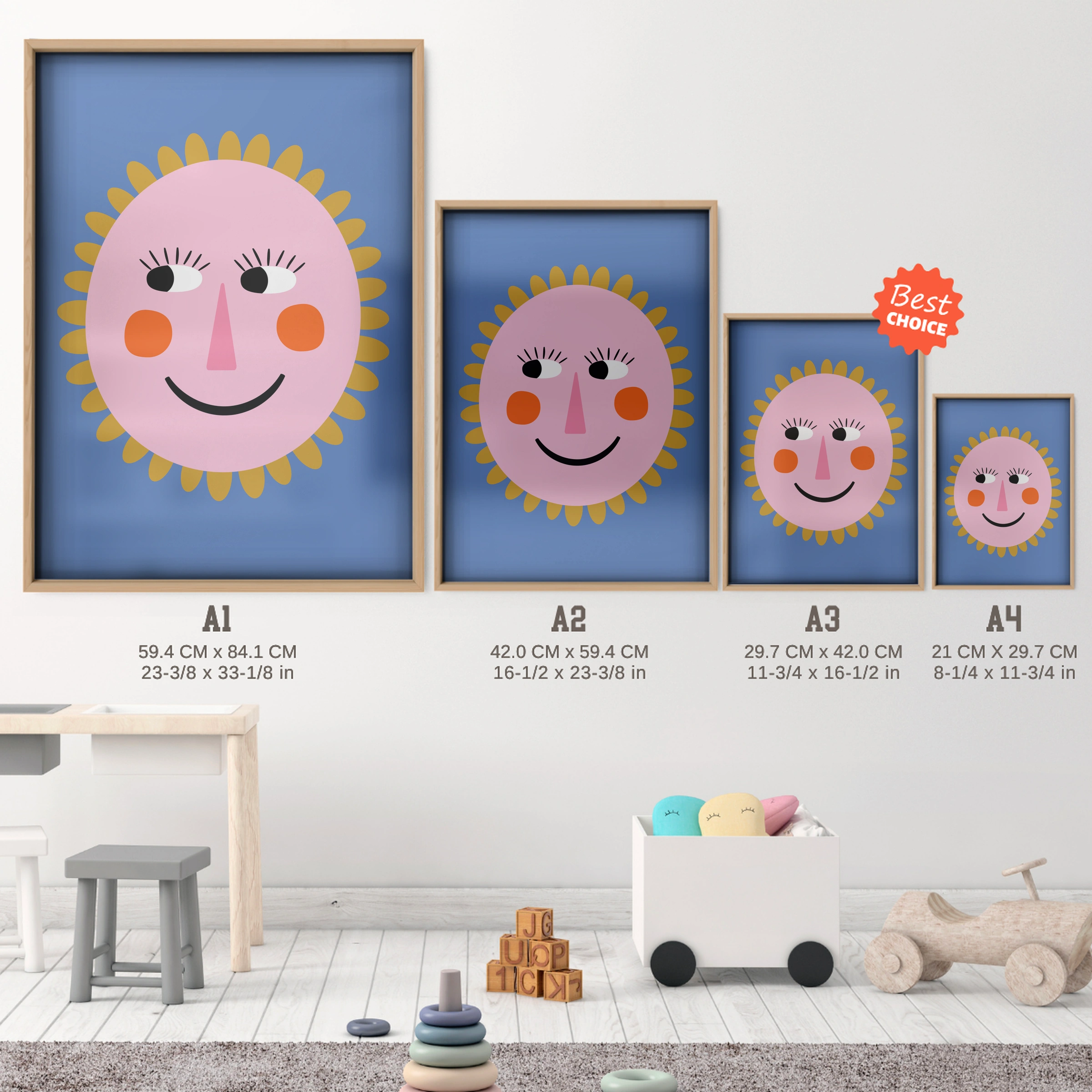 Sun Face Nursery Print - size guide A4 A3 A2 A1 nursery print