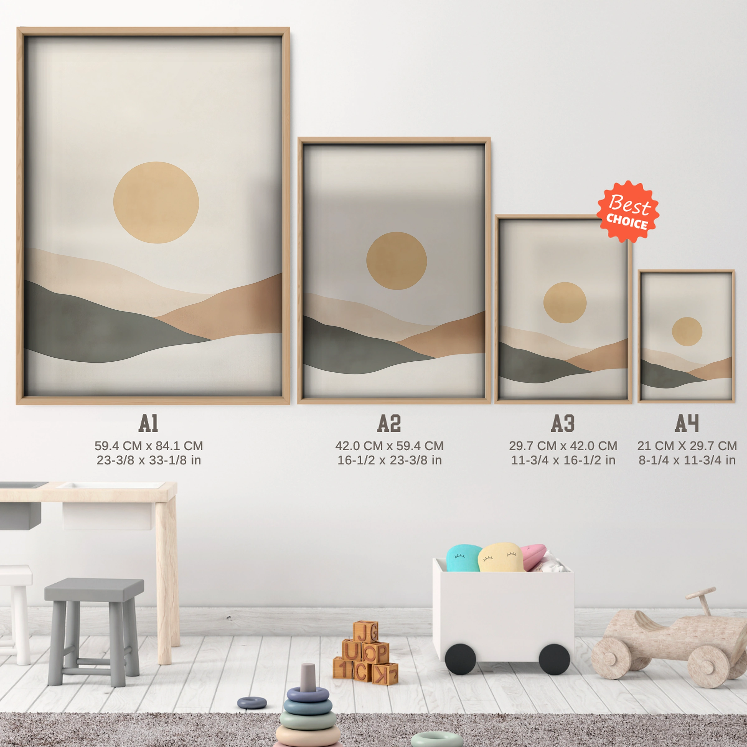 Sun Over Hills Nursery Print - size guide A4 A3 A2 A1 nursery print