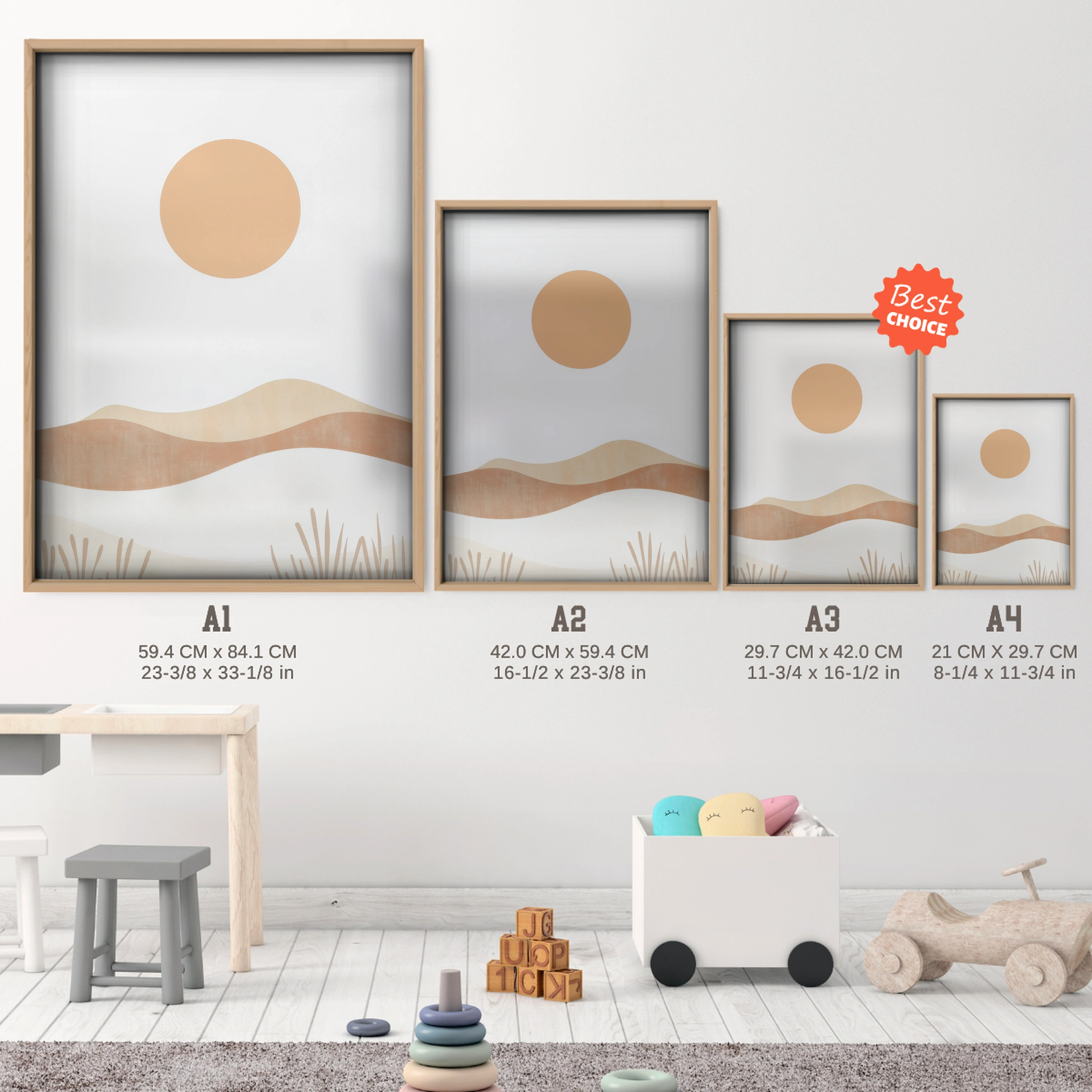 Sun Over the Hills Nursery Print - size guide A4 A3 A2 A1 nursery print