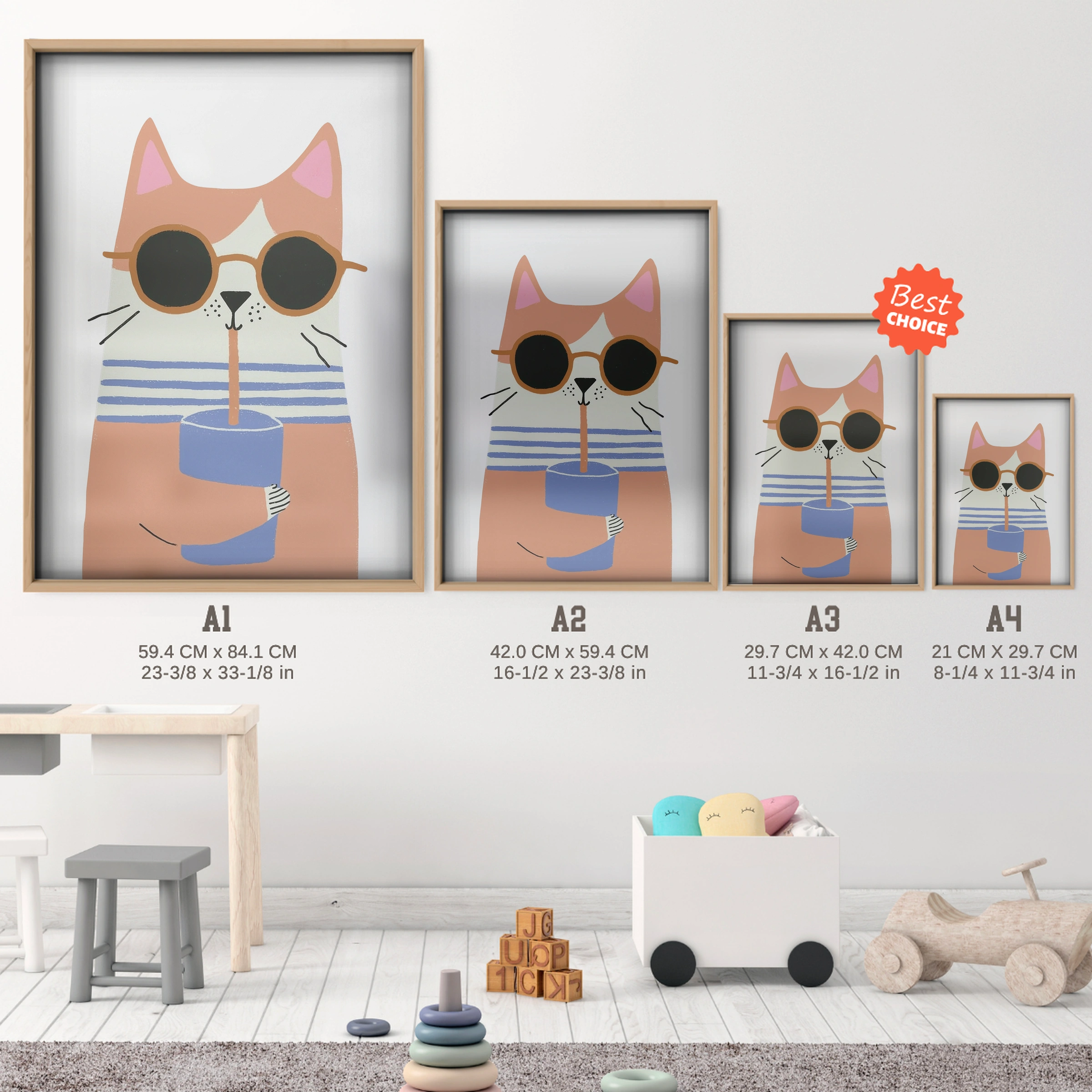 Sunglasses Cat Nursery Print - size guide A4 A3 A2 A1 nursery print