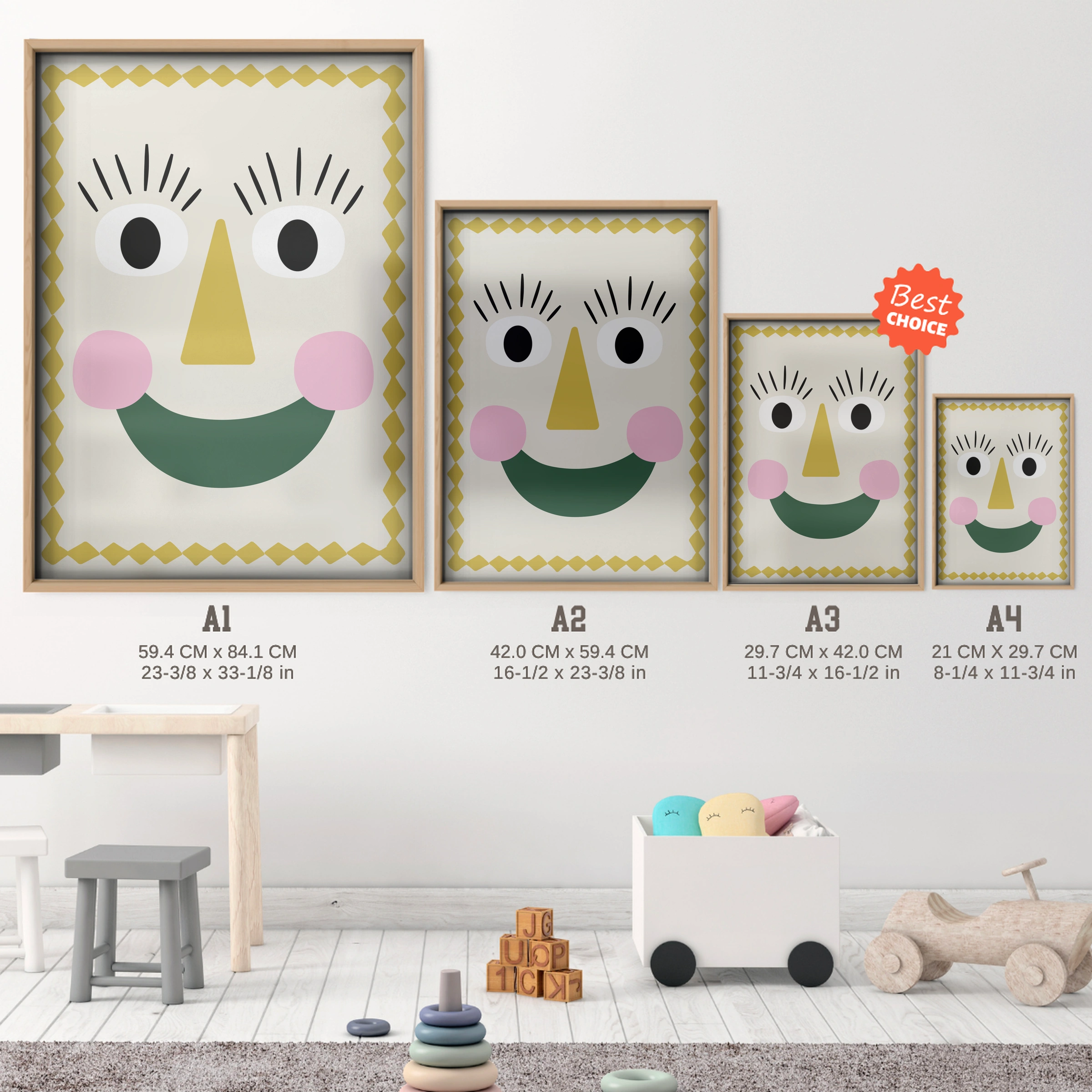 Sunny Face Nursery Print - size guide A4 A3 A2 A1 nursery print
