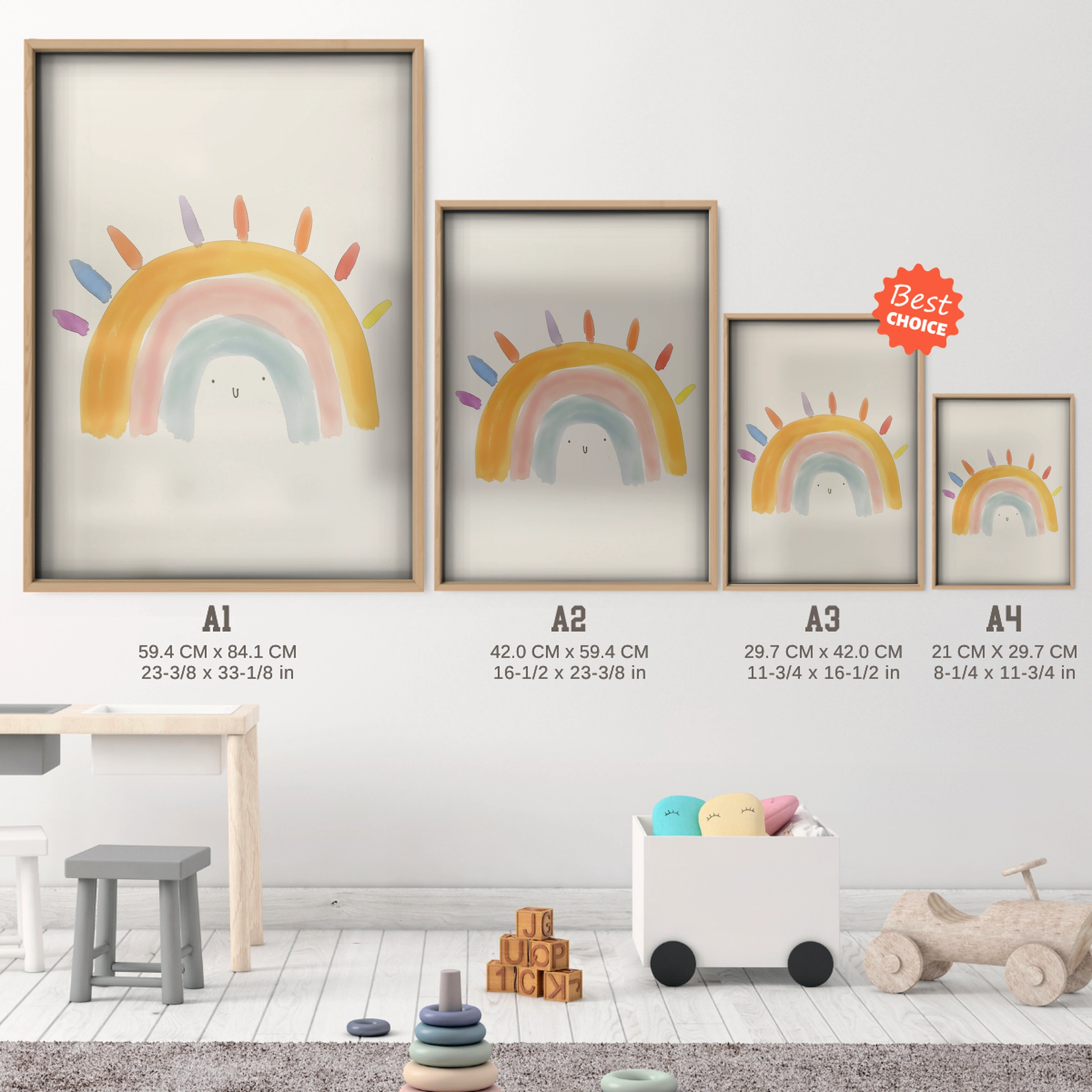 Sunrise Rainbow Nursery Print - size guide A4 A3 A2 A1 nursery print