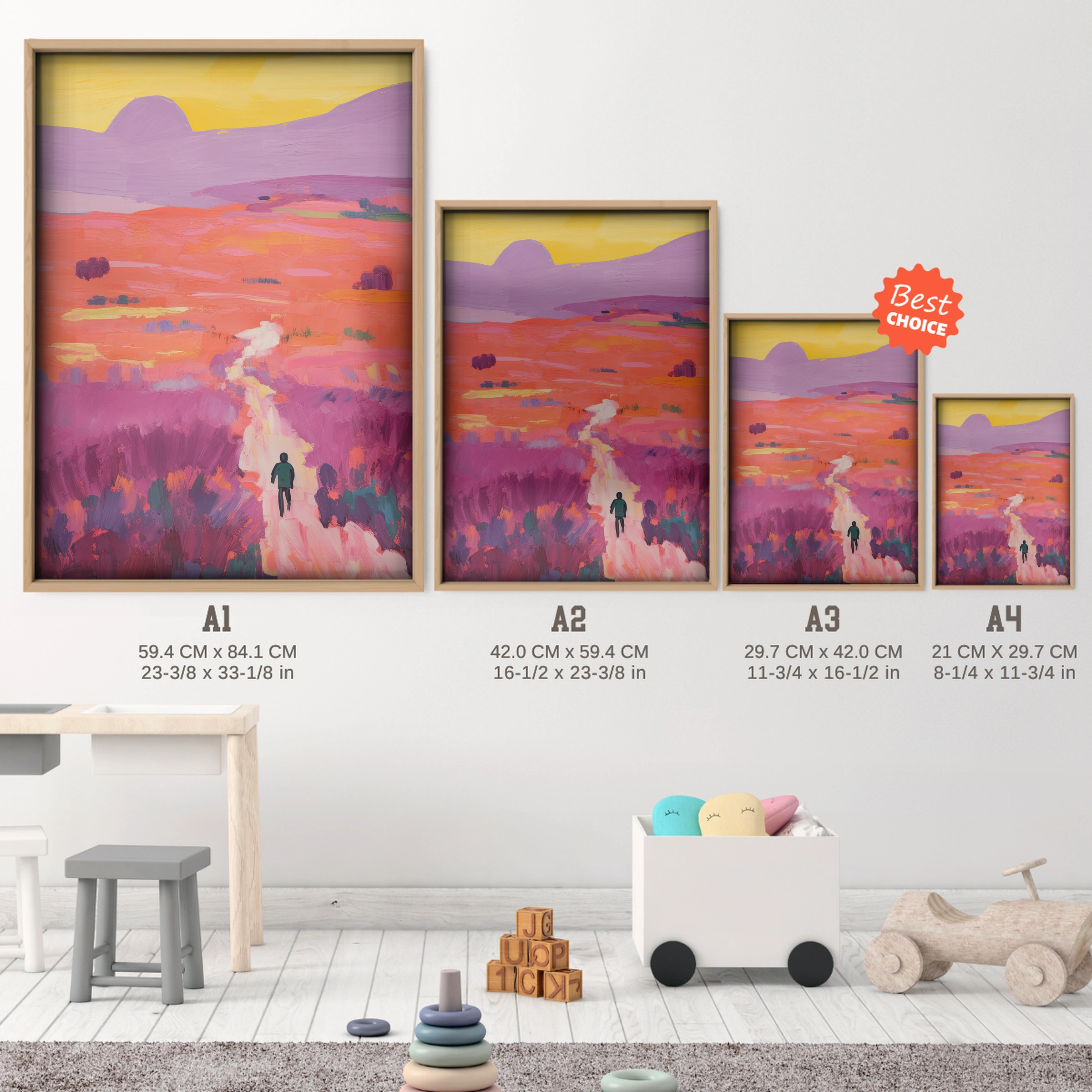 Sunset Fields Nursery Print - size guide A4 A3 A2 A1 nursery print