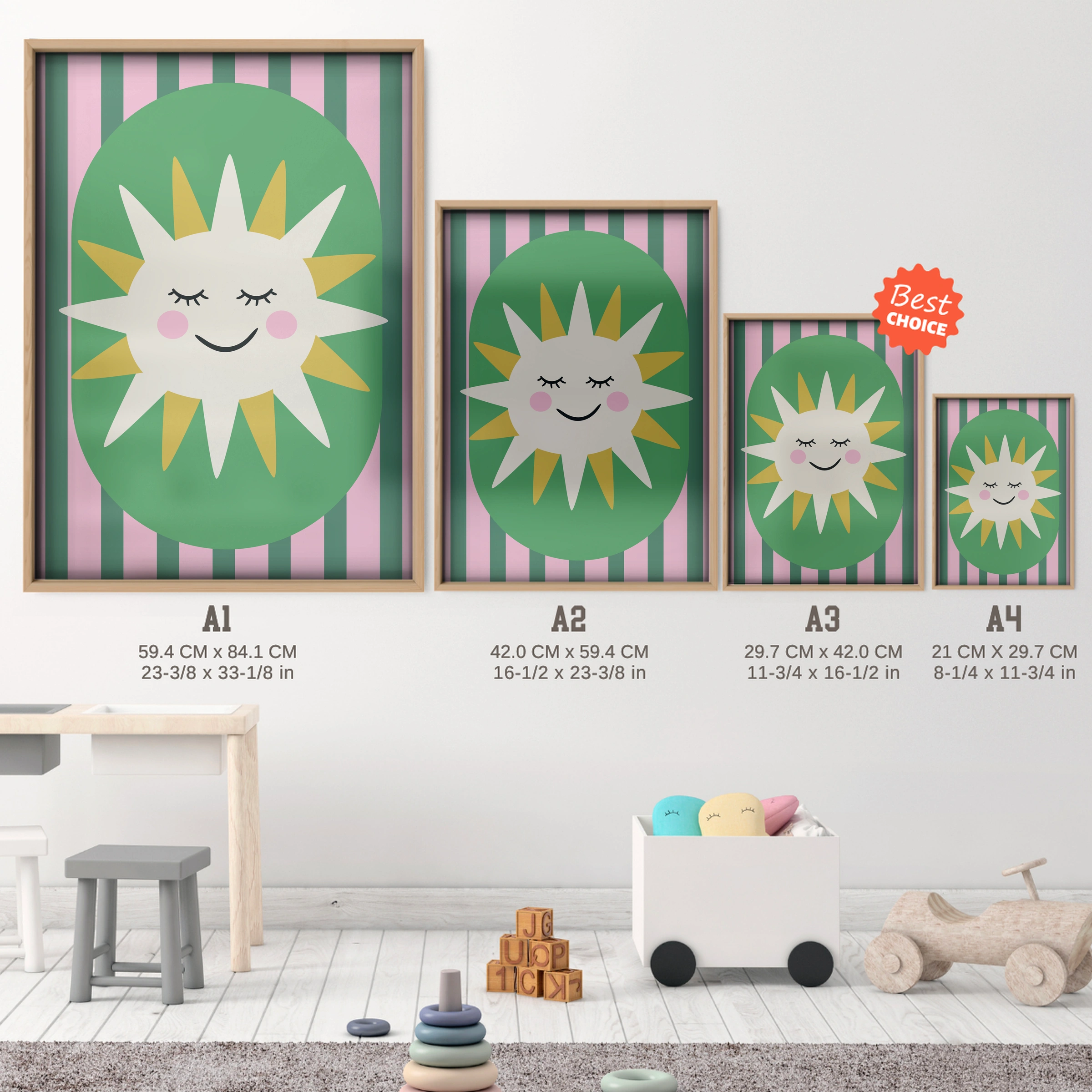 Sunshine Face Nursery Print - size guide A4 A3 A2 A1 nursery print
