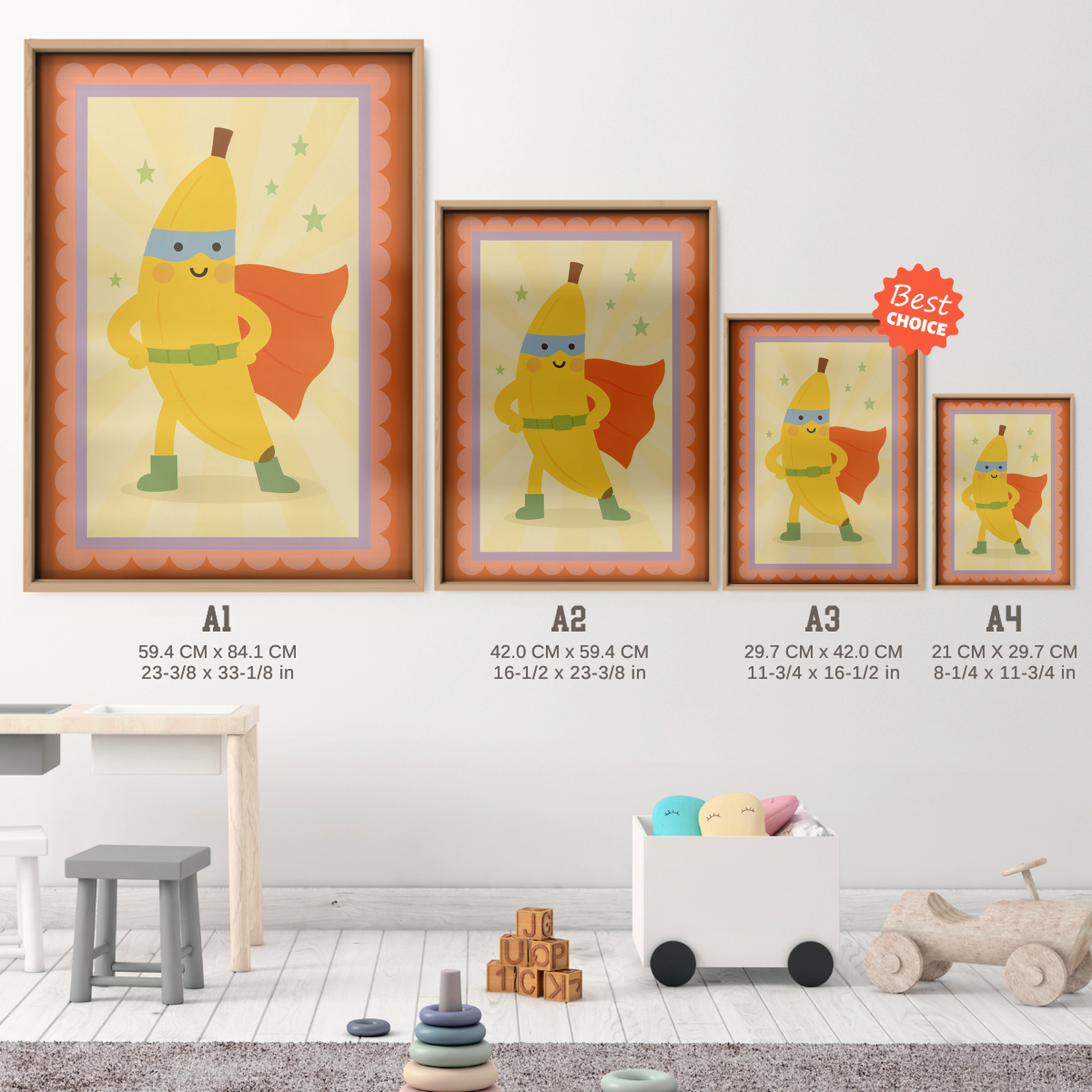 Superhero Banana Nursery Print - size guide A4 A3 A2 A1 nursery print