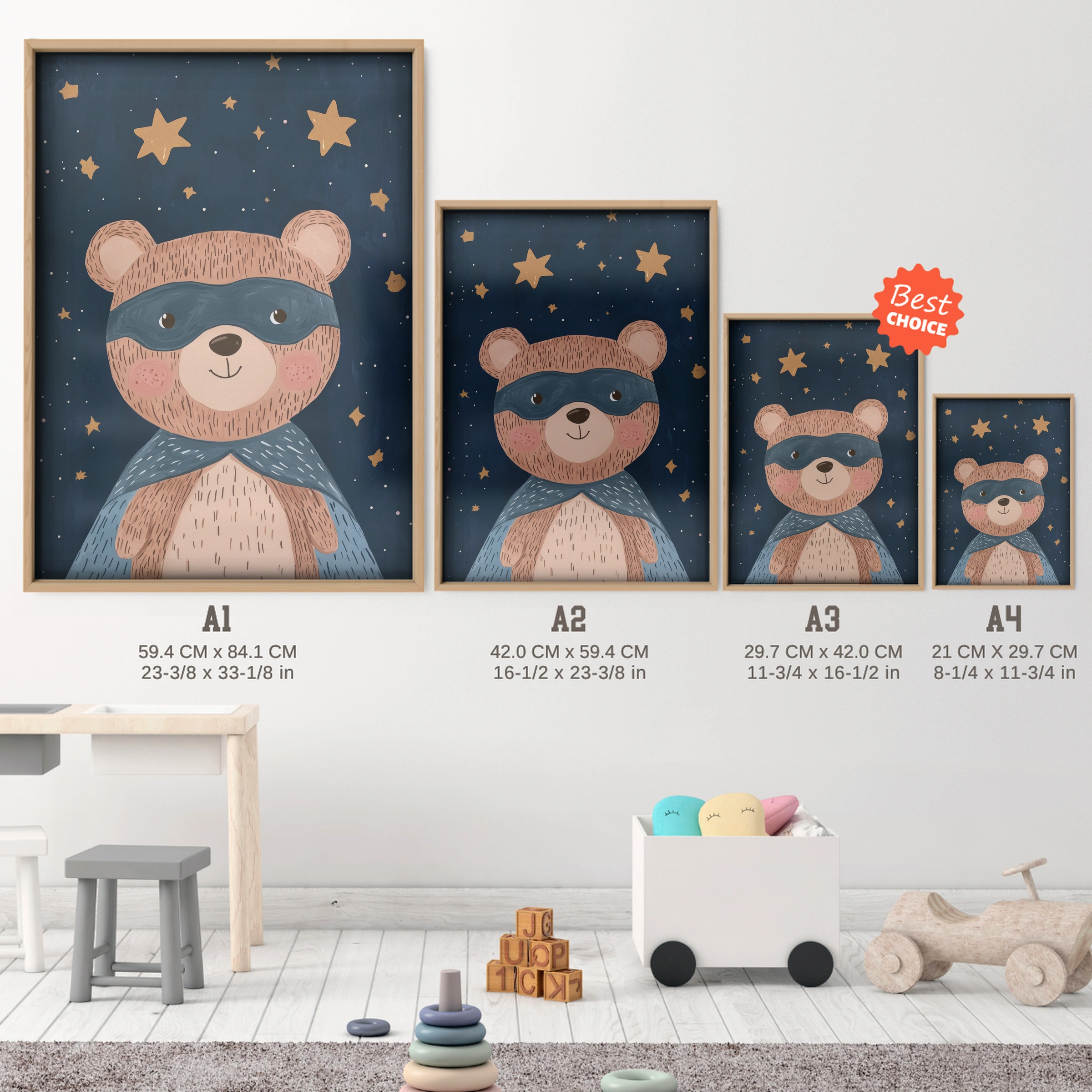 Superhero Bear Nursery Print - size guide A4 A3 A2 A1 nursery print
