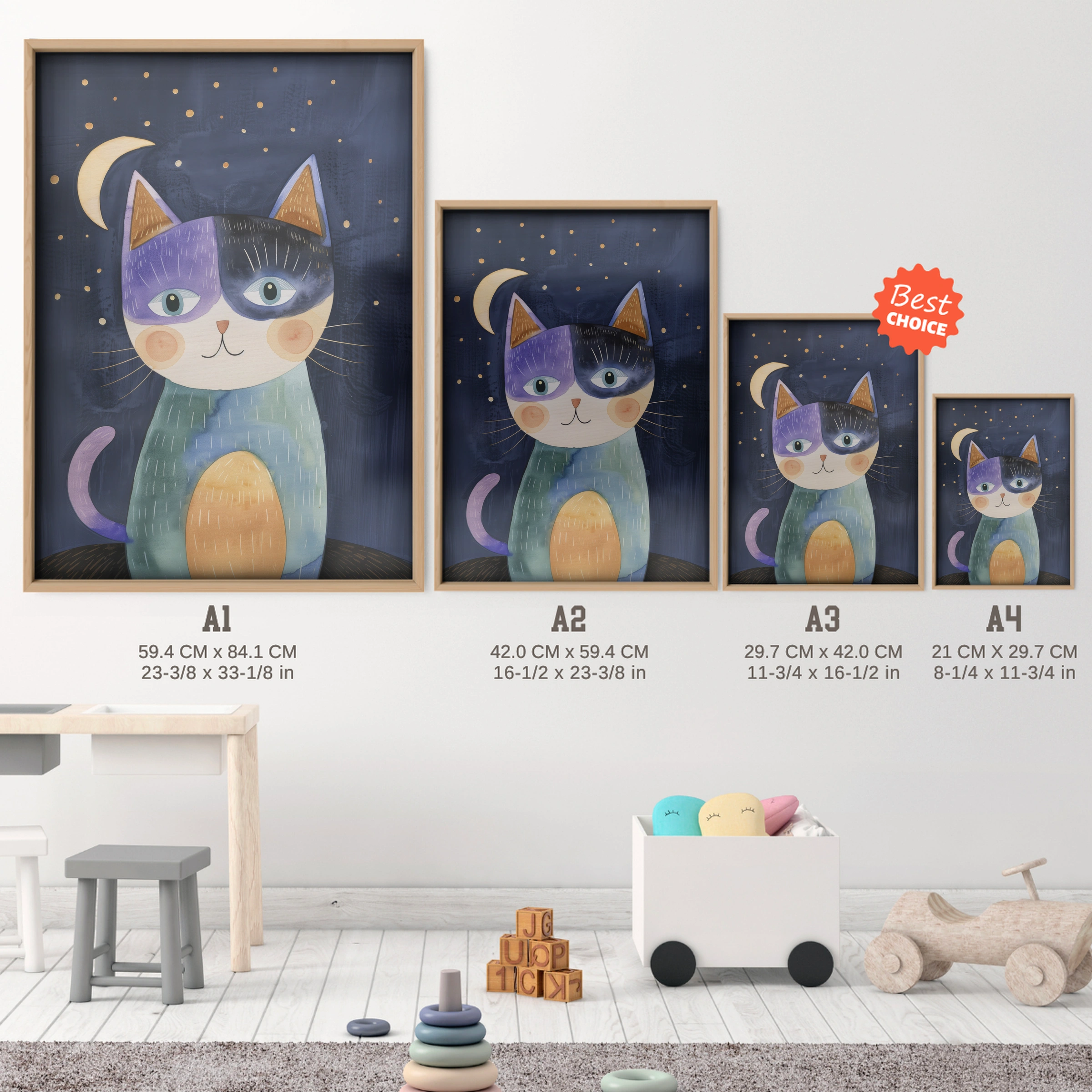 Superhero Cat Nursery Print - size guide A4 A3 A2 A1 nursery print