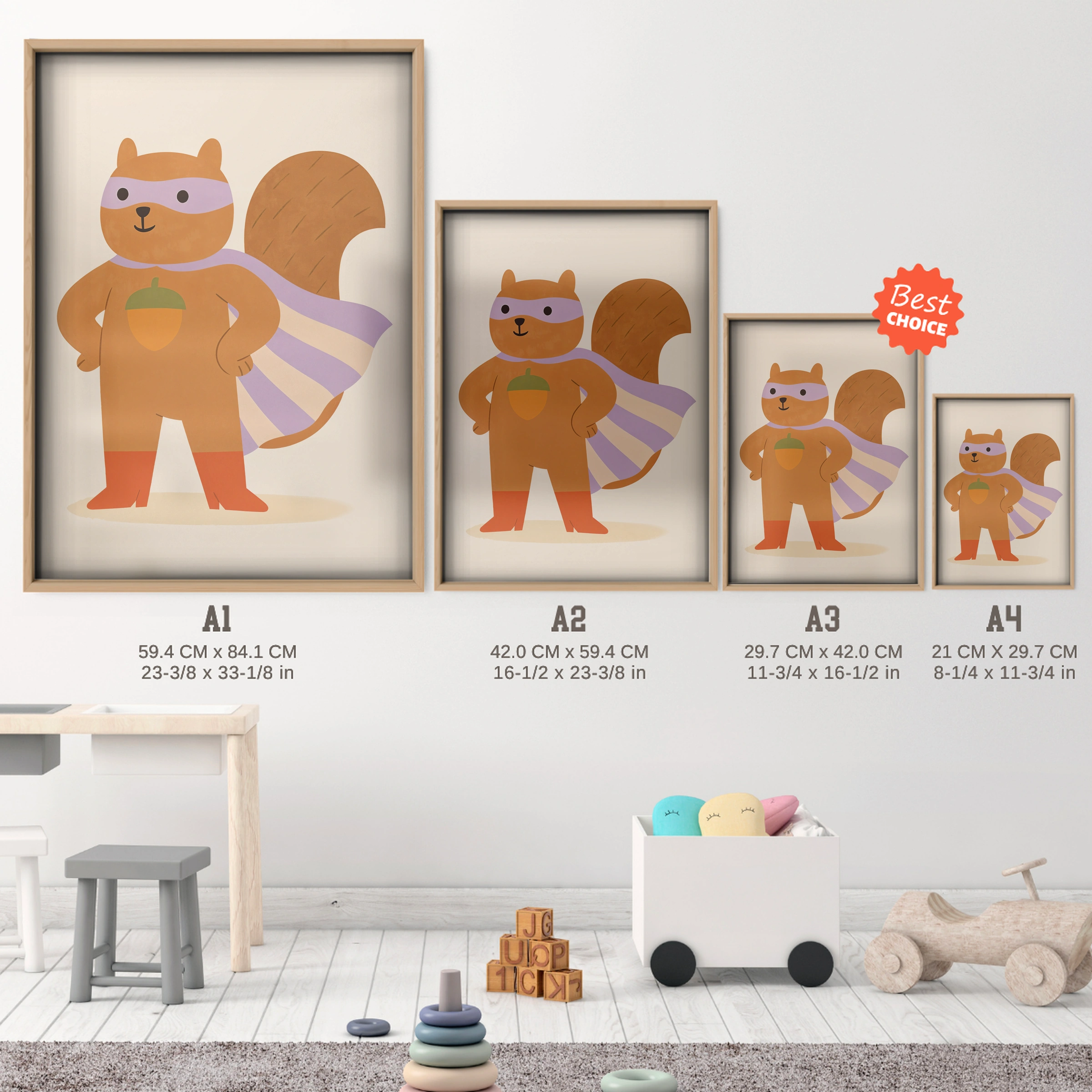 Superhero Squirrel Nursery Print - size guide A4 A3 A2 A1 nursery print