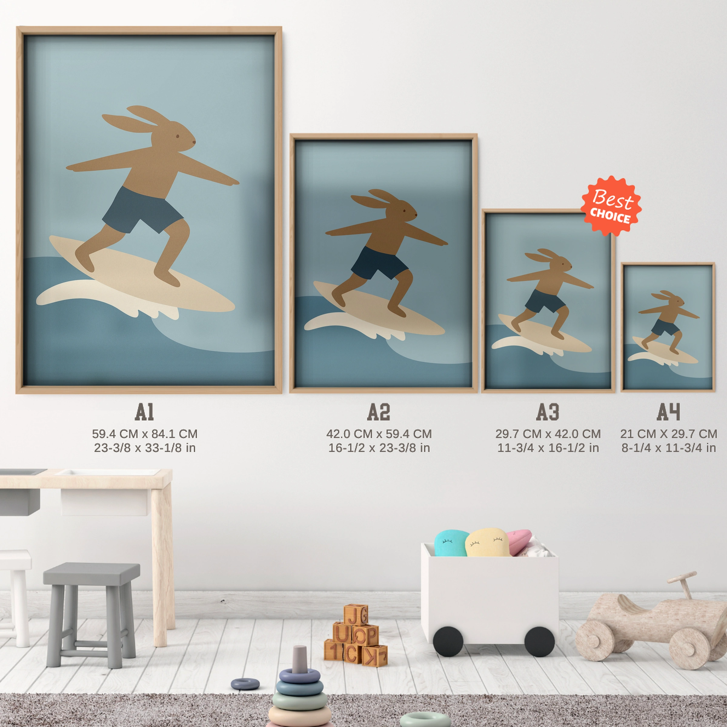 Surfing Rabbit Nursery Print - size guide A4 A3 A2 A1 nursery print