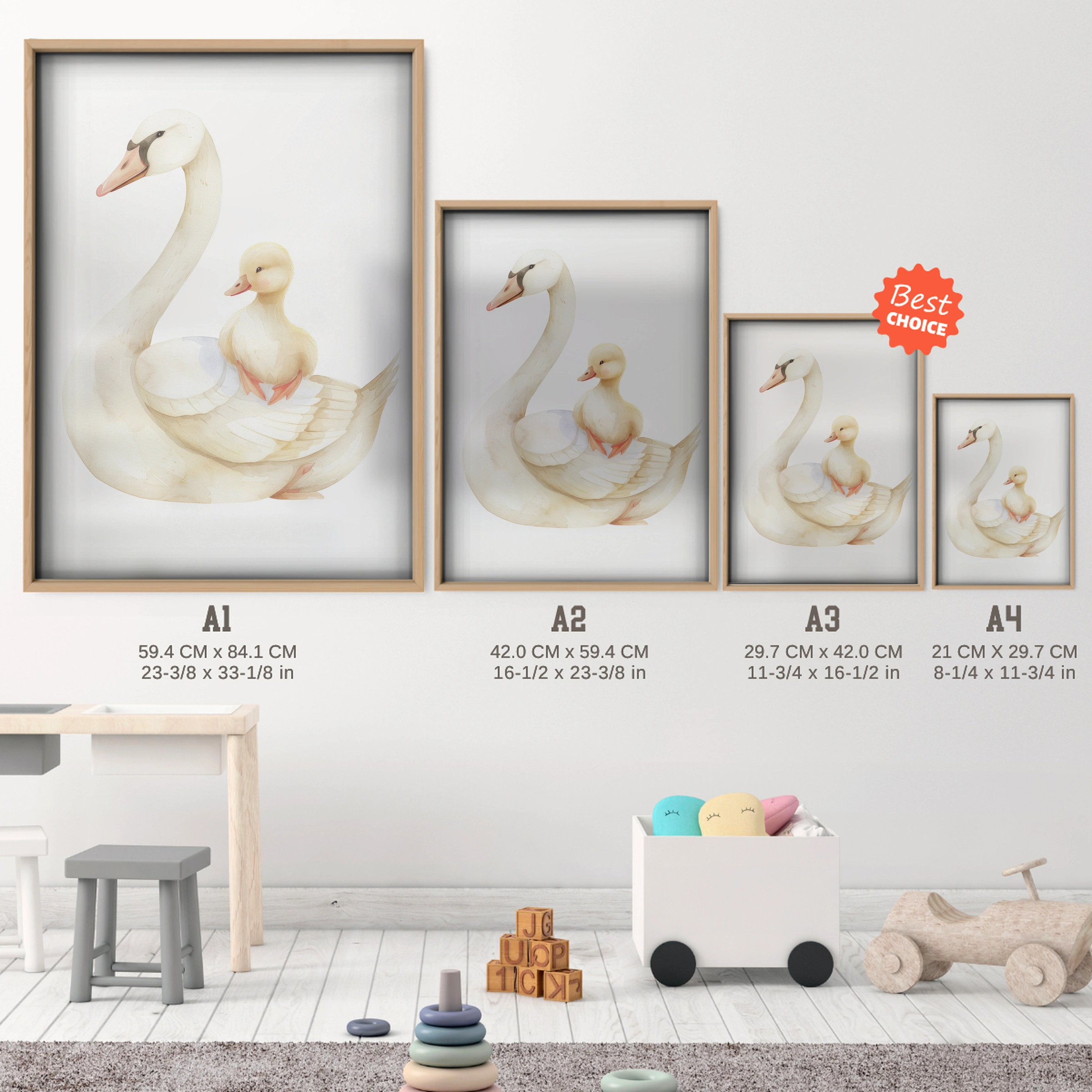 Swan and Duckling Nursery Print - size guide A4 A3 A2 A1 nursery print