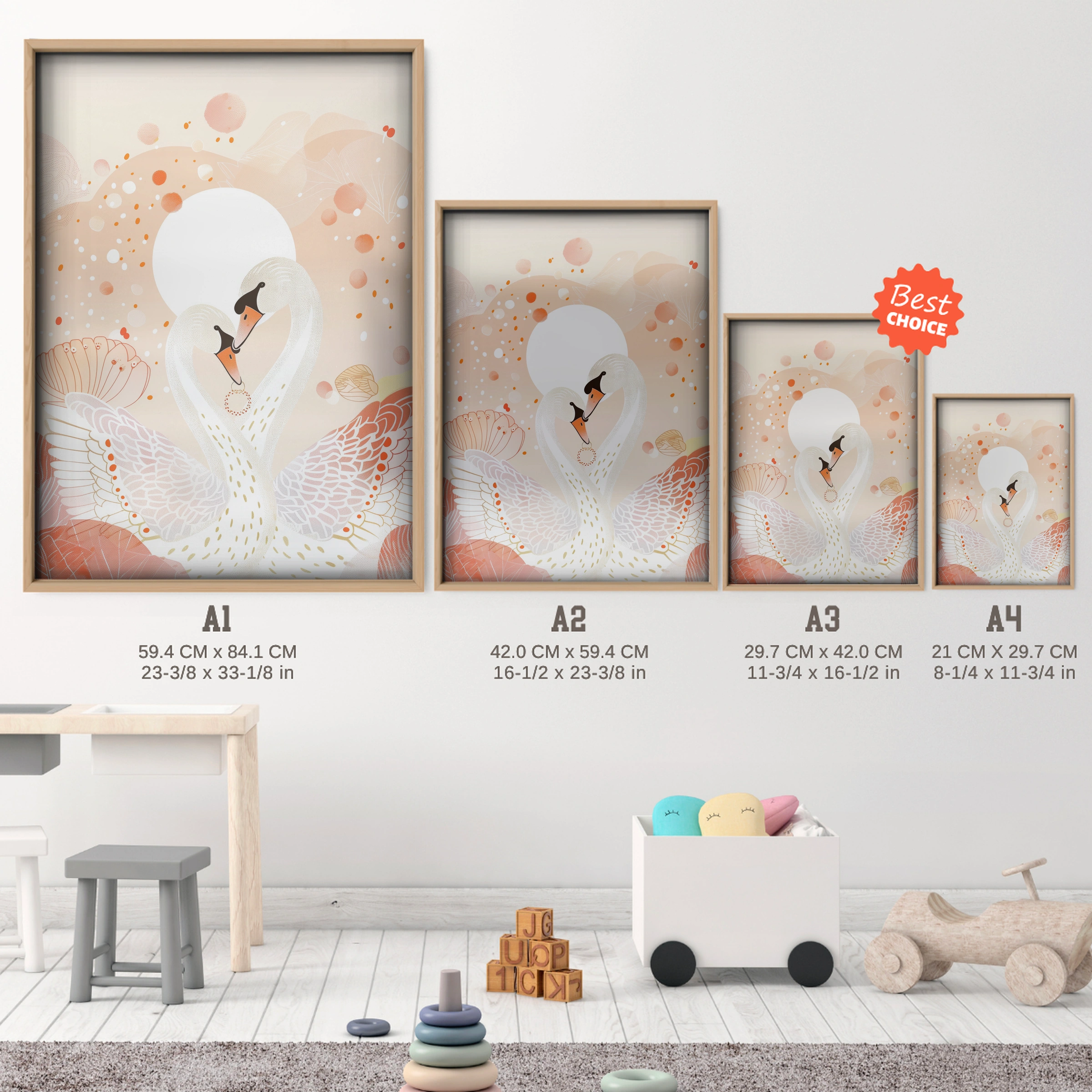 Swan Hearts Nursery Print - size guide A4 A3 A2 A1 nursery print