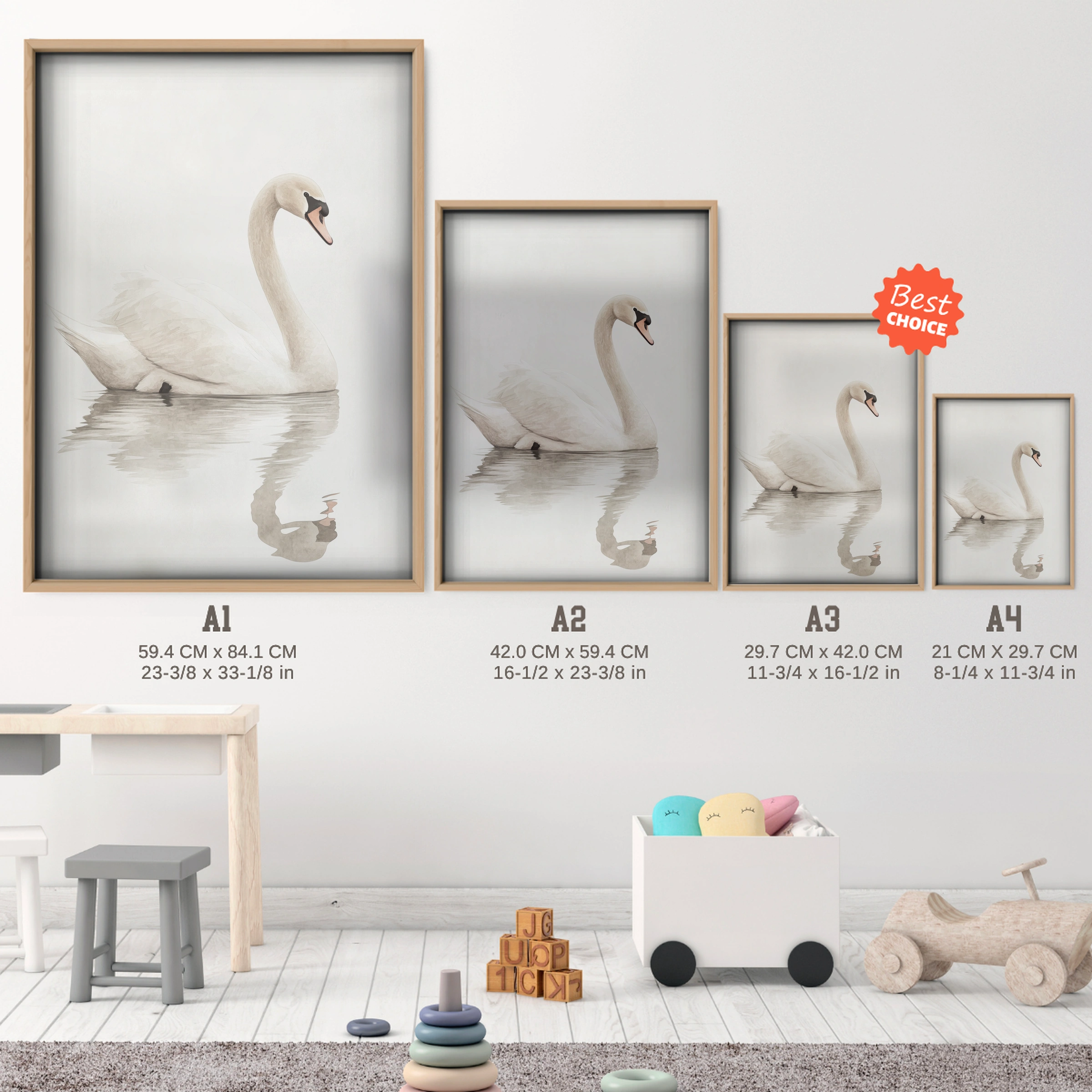 Swan Sketch Nursery Print - size guide A4 A3 A2 A1 nursery print