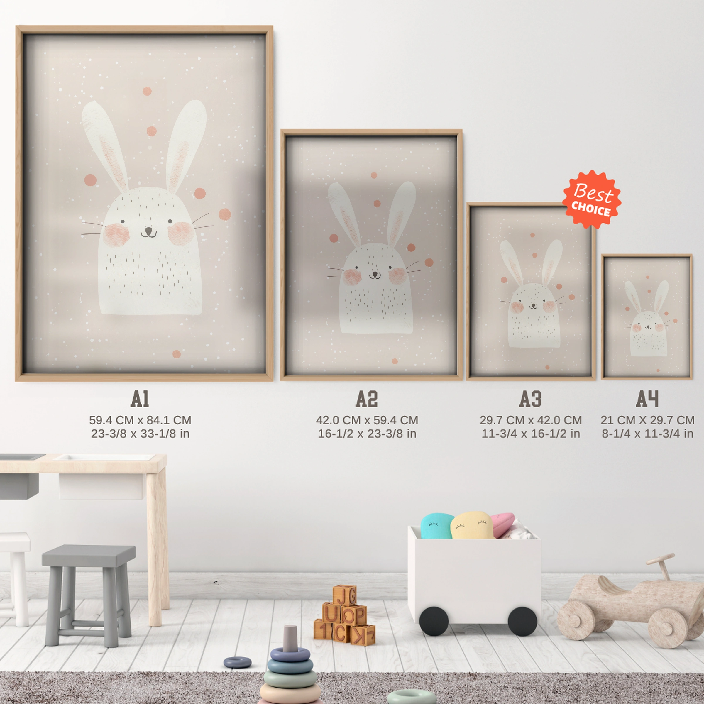 Sweet Bunny Nursery Print - size guide A4 A3 A2 A1 nursery print