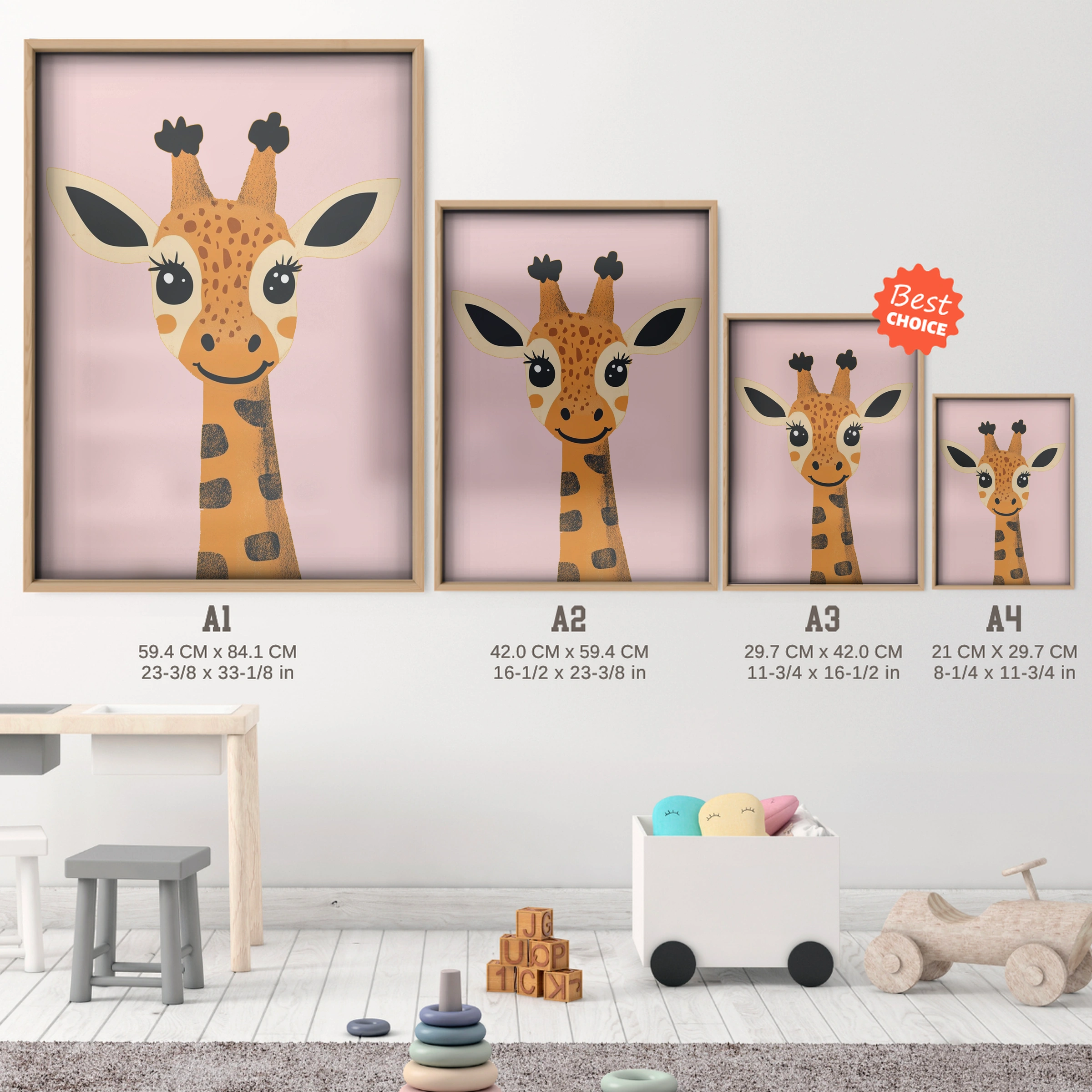 Sweet Giraffe Nursery Print - size guide A4 A3 A2 A1 nursery print