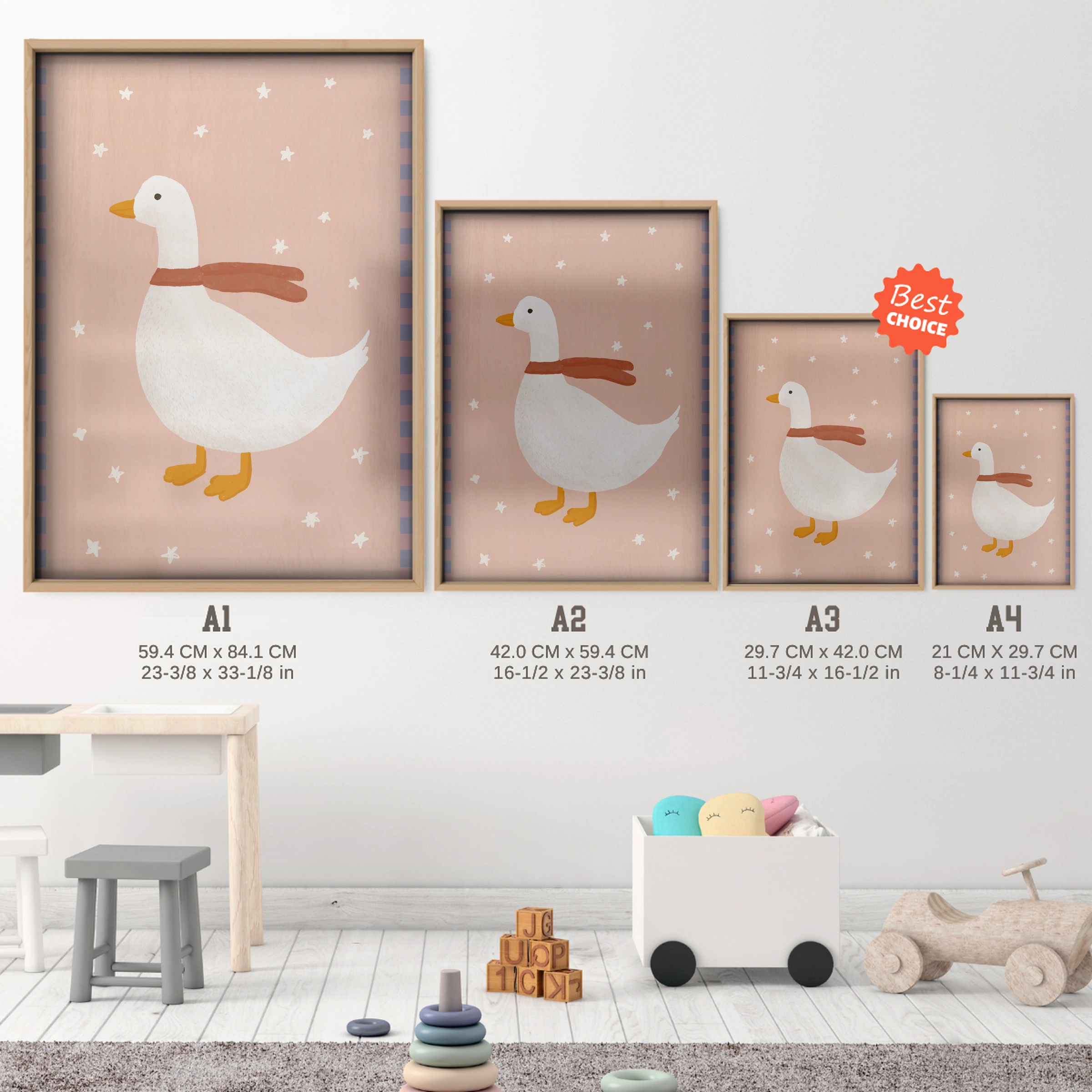 Sweet Goose Nursery Print - size guide A4 A3 A2 A1 nursery print