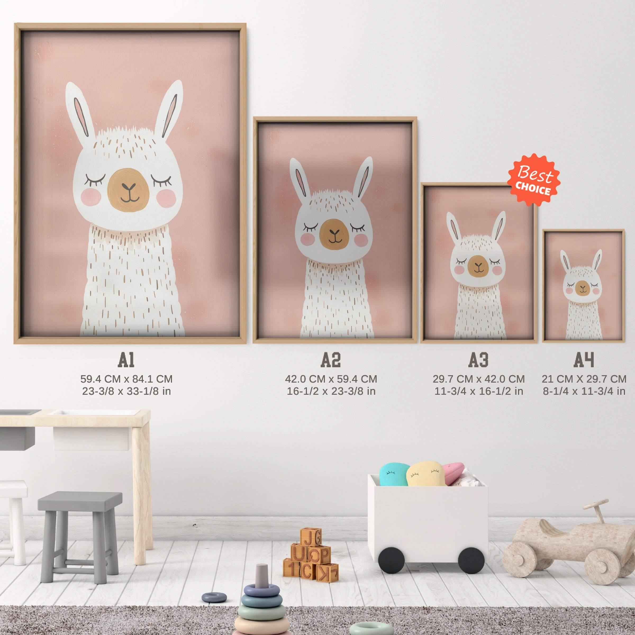 Sweet Llama Nursery Print - size guide A4 A3 A2 A1 nursery print
