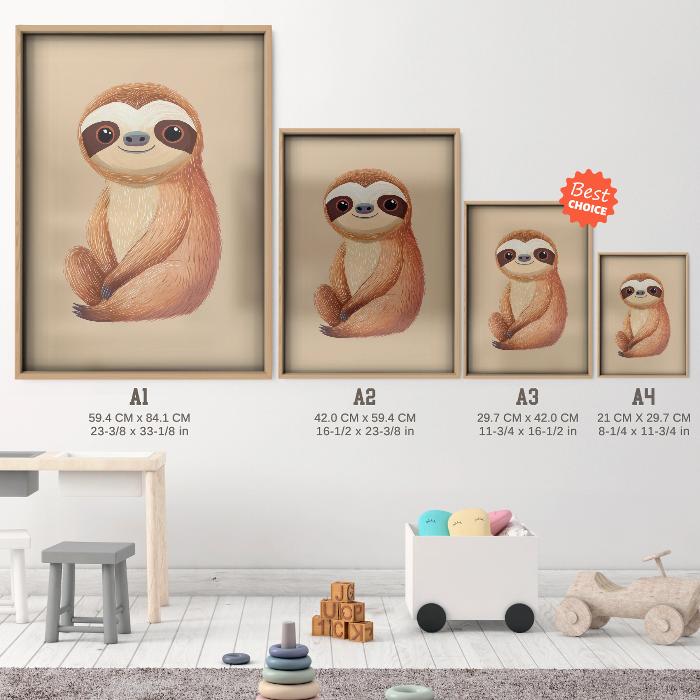 Sweet Sloth Nursery Print - size guide A4 A3 A2 A1 nursery print