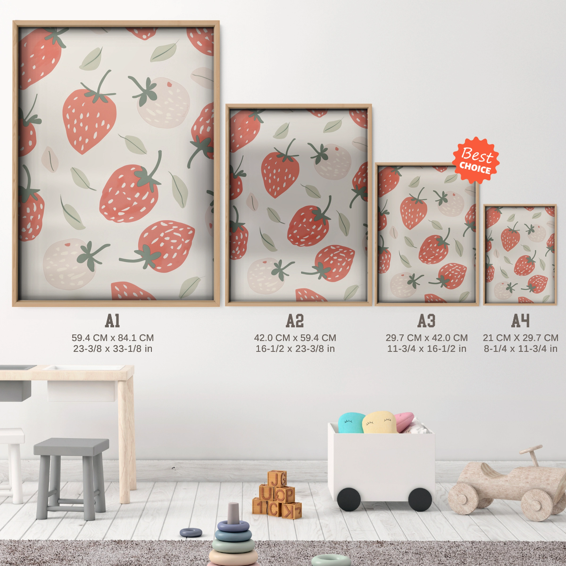 Sweet Strawberries Nursery Print - size guide A4 A3 A2 A1 nursery print