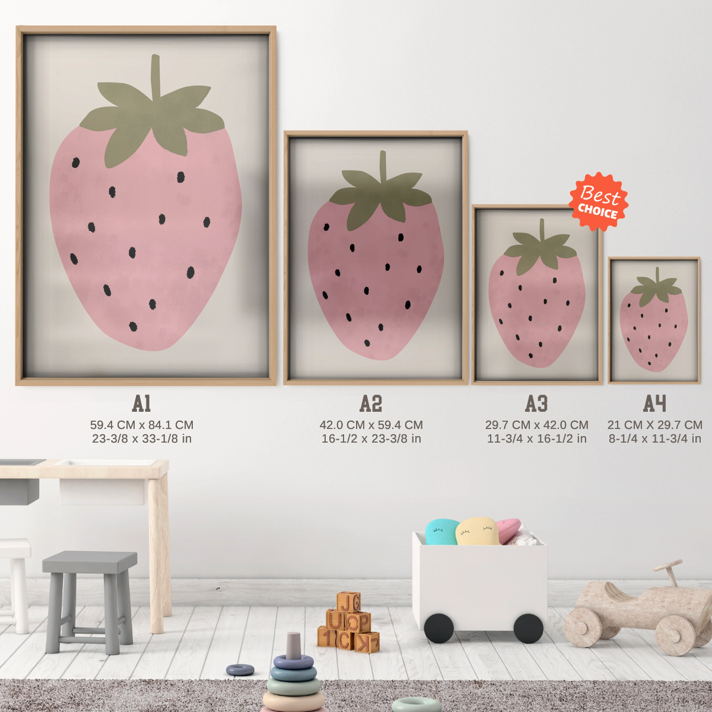 Sweet Strawberry Nursery Print - size guide A4 A3 A2 A1 nursery print