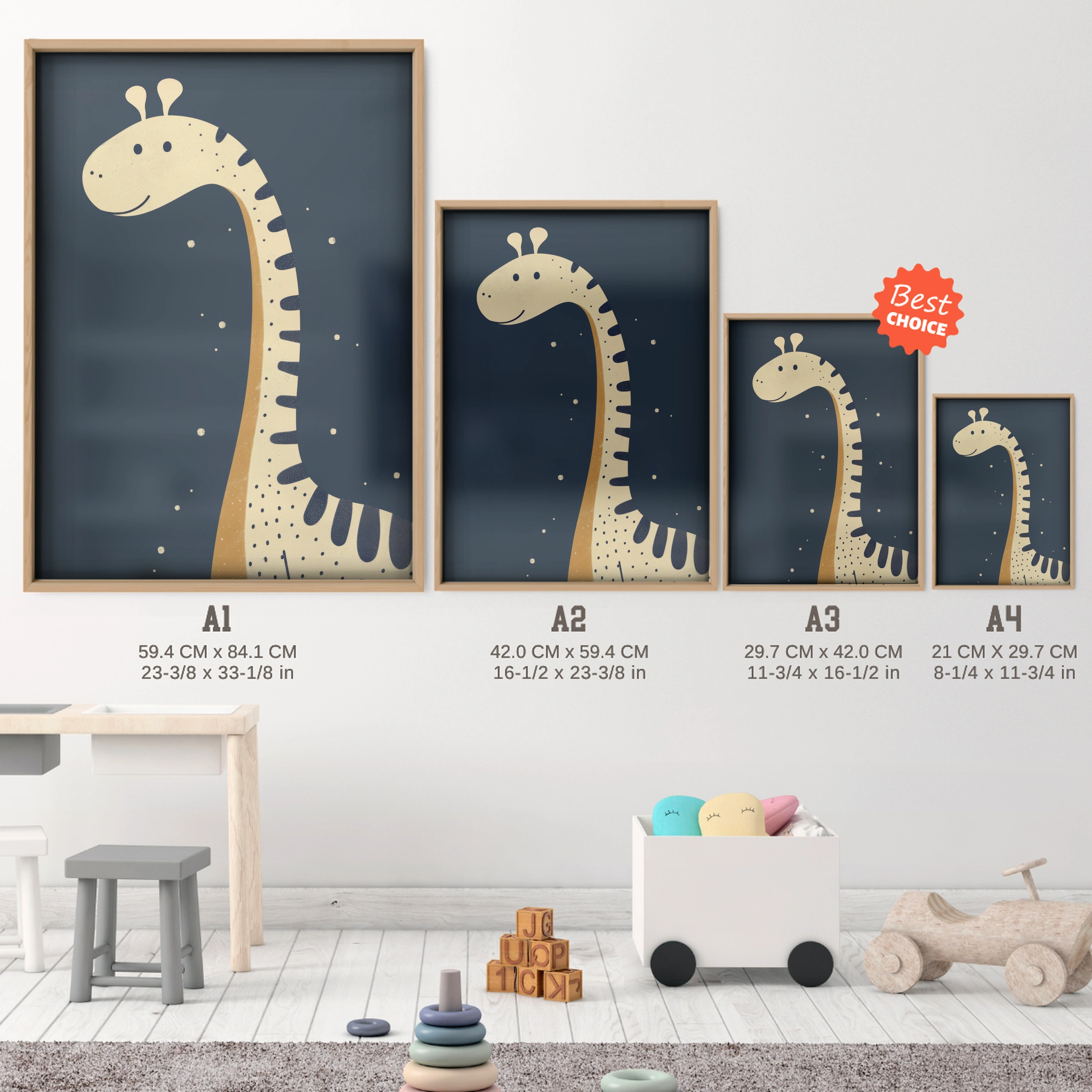 Tall Giraffe Nursery Print - size guide A4 A3 A2 A1 nursery print