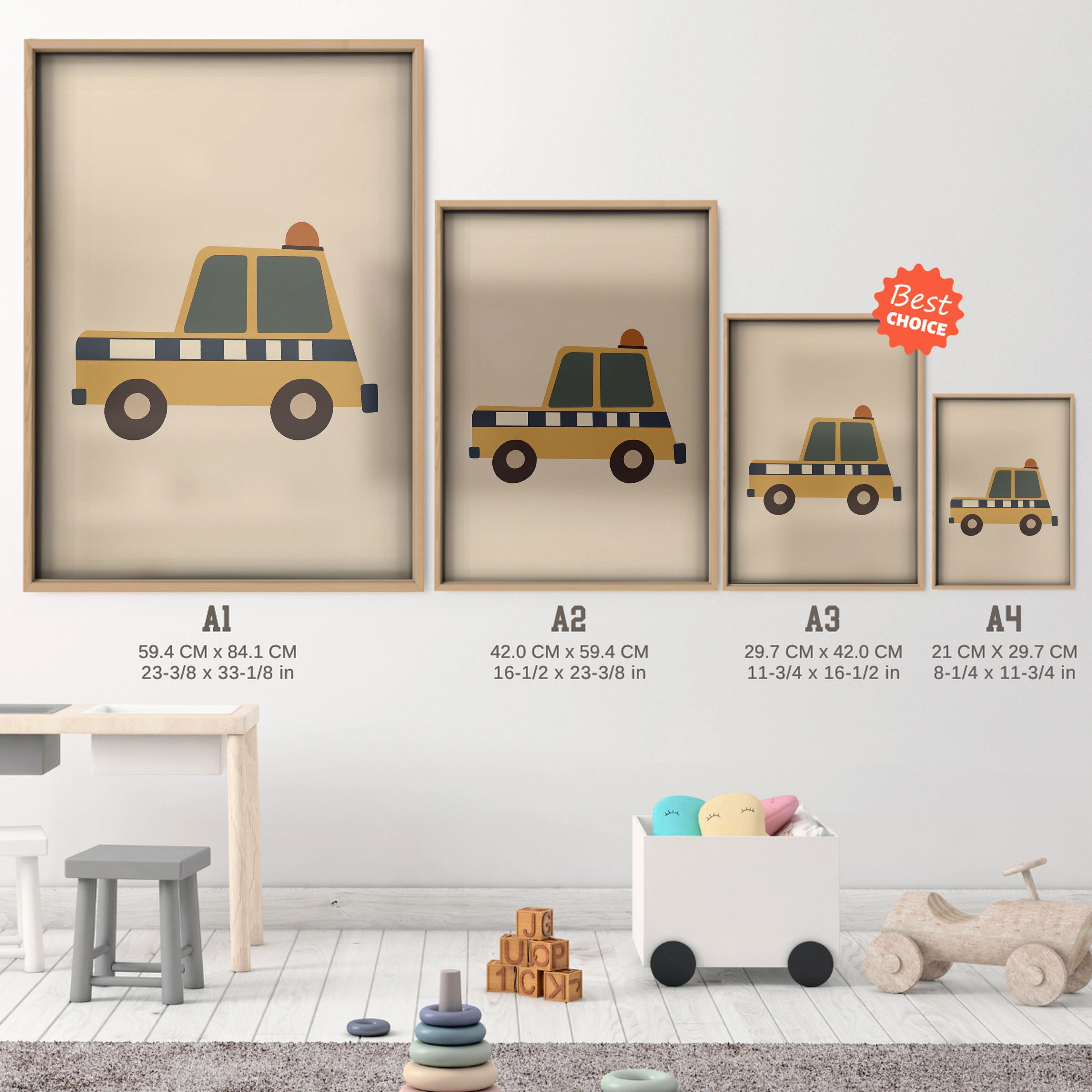 Taxi Cab Nursery Print - size guide A4 A3 A2 A1 nursery print