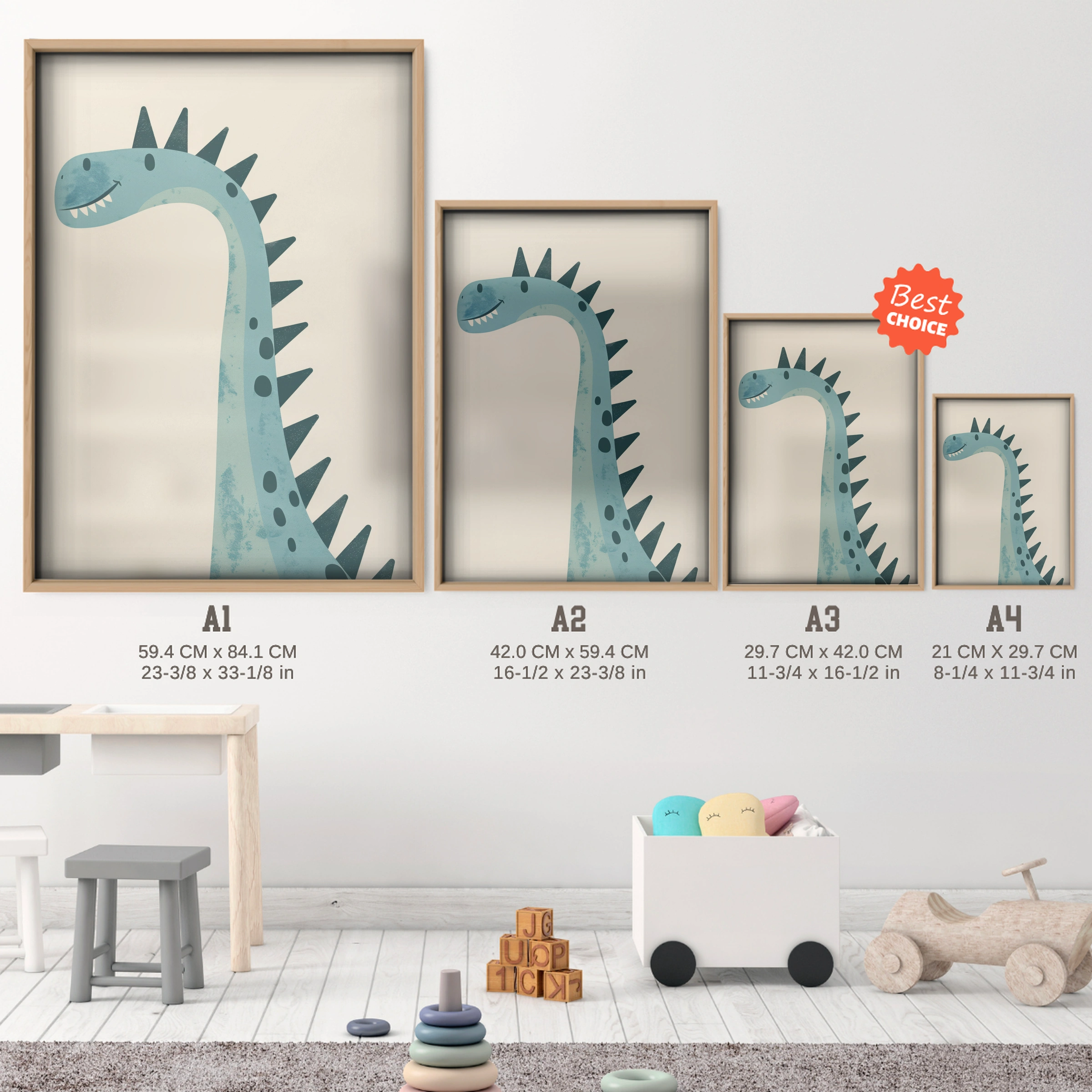 Teal Dinosaur Nursery Print - size guide A4 A3 A2 A1 nursery print