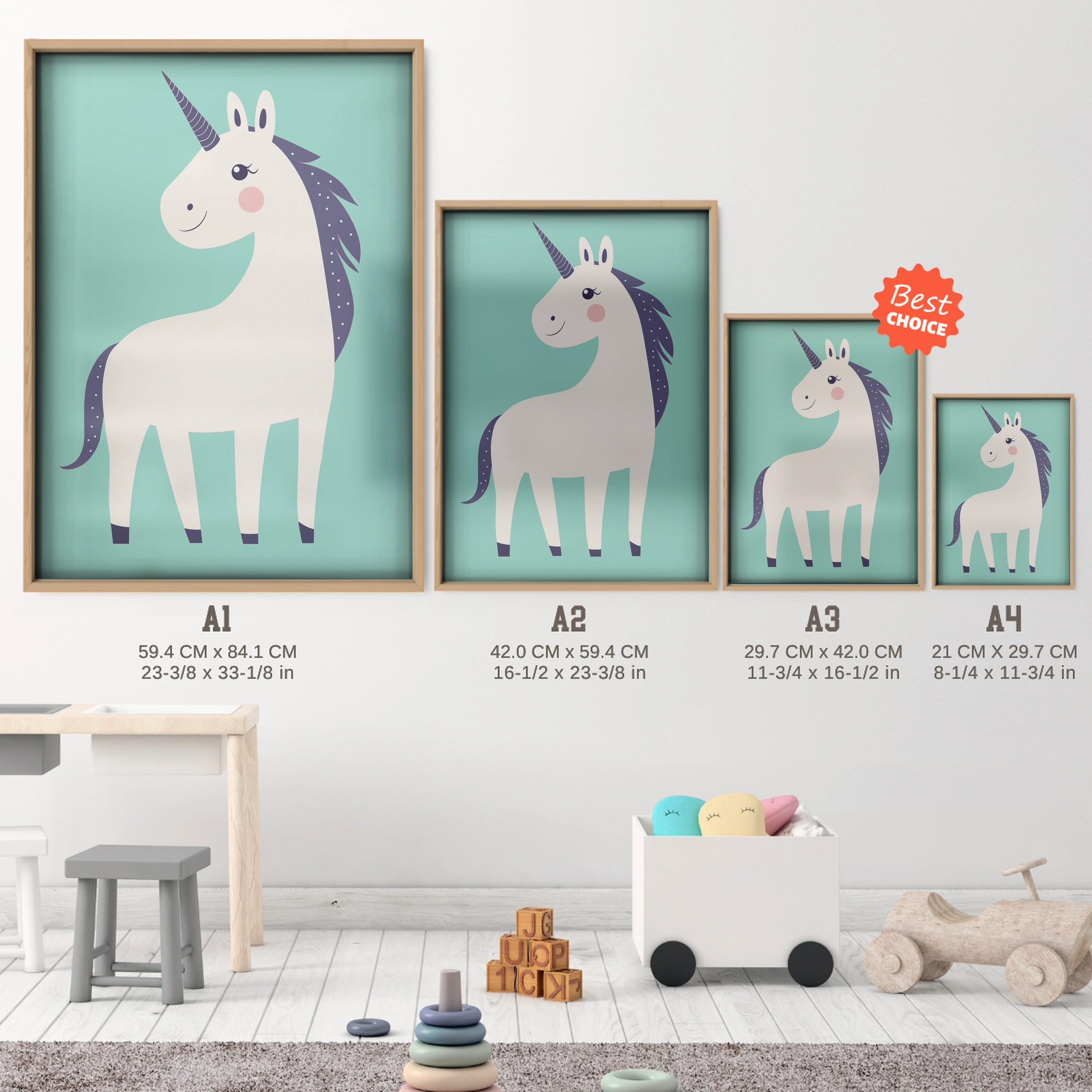 Teal Unicorn Nursery Print - size guide A4 A3 A2 A1 nursery print