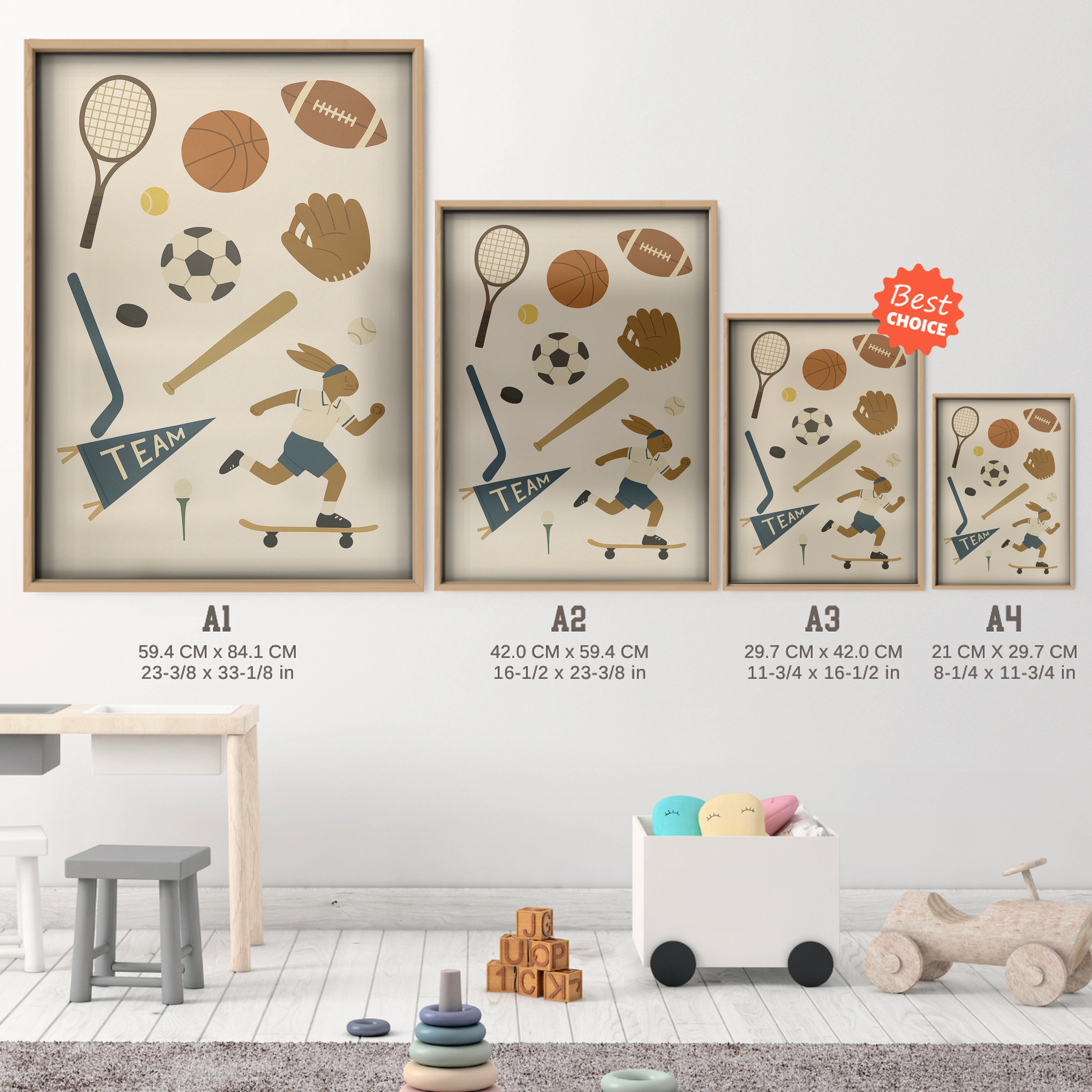Team Sports Equipment Nursery Print - size guide A4 A3 A2 A1 nursery print