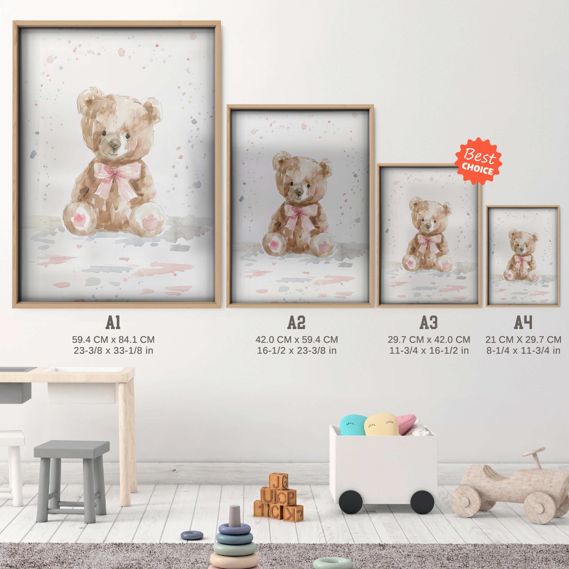 Teddy Bear Nursery Print - size guide A4 A3 A2 A1 nursery print
