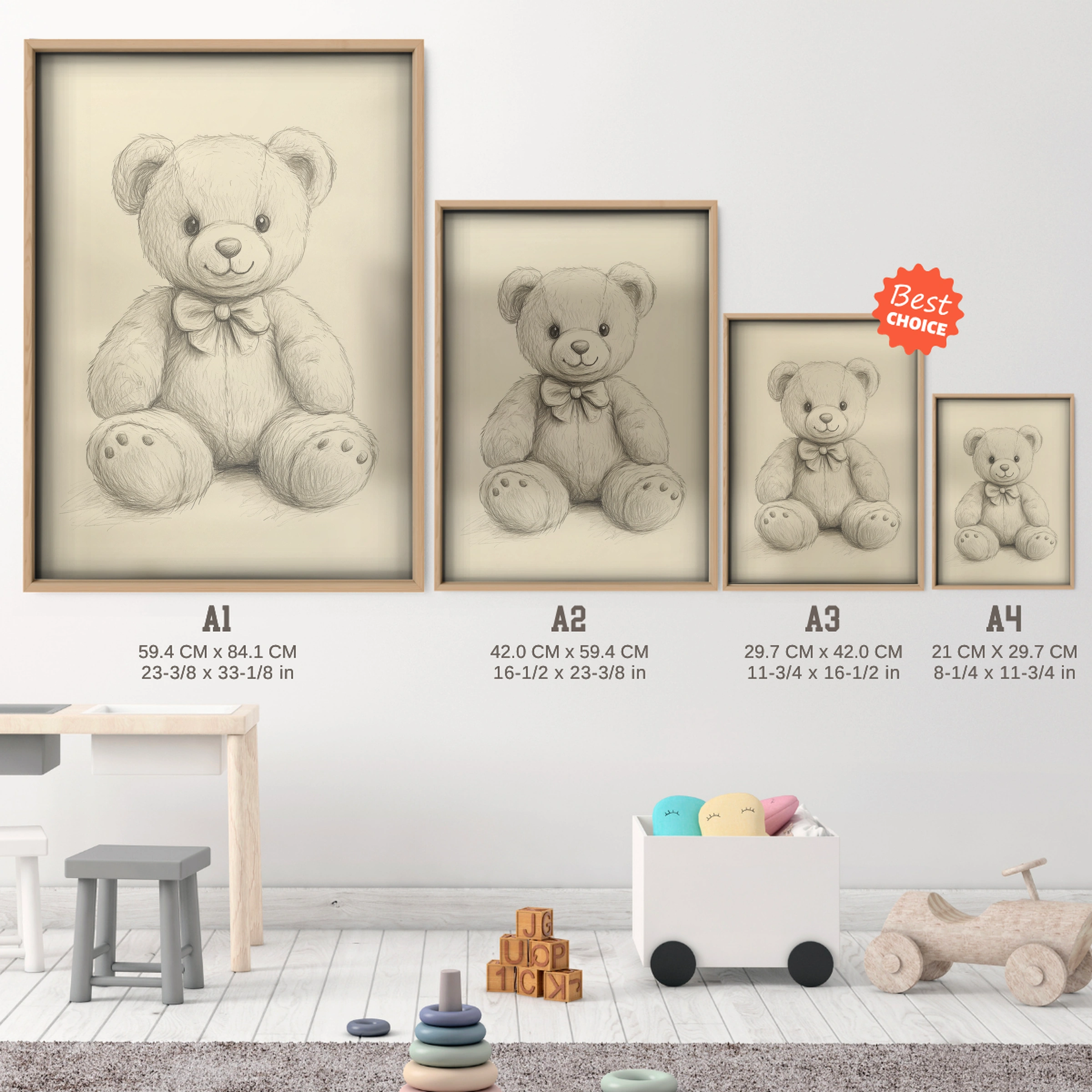 Teddy Bear Sketch Nursery Print - size guide A4 A3 A2 A1 nursery print