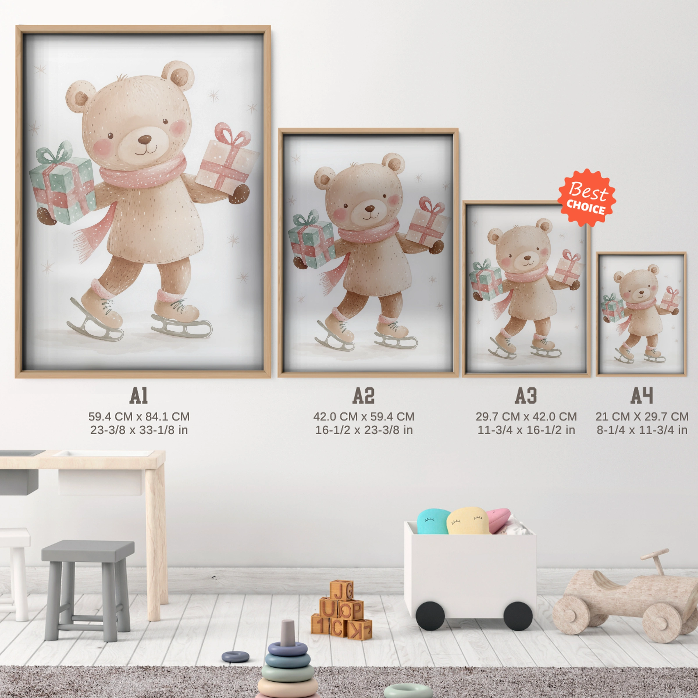 Teddy Bear with Gifts Christmas Print - size guide A4 A3 A2 A1 nursery print