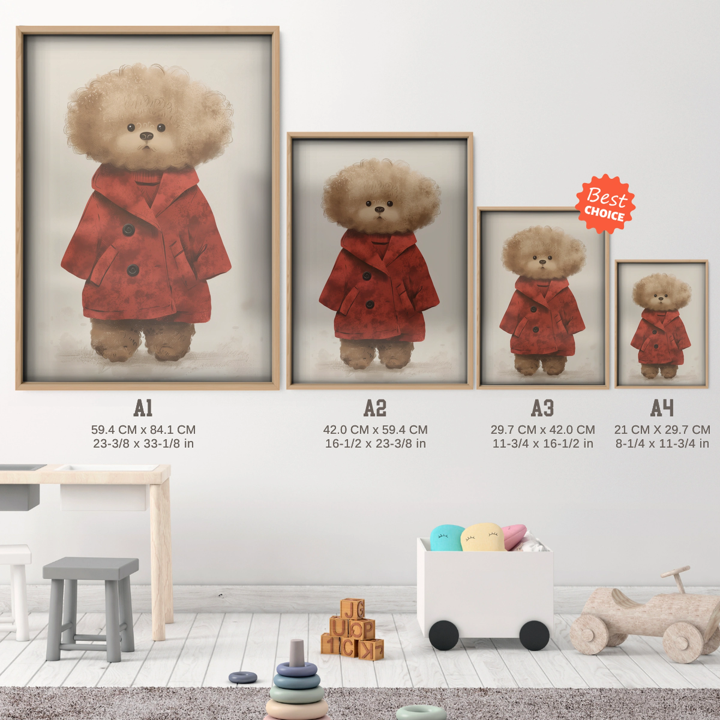 Teddy in a Coat Nursery Print - size guide A4 A3 A2 A1 nursery print
