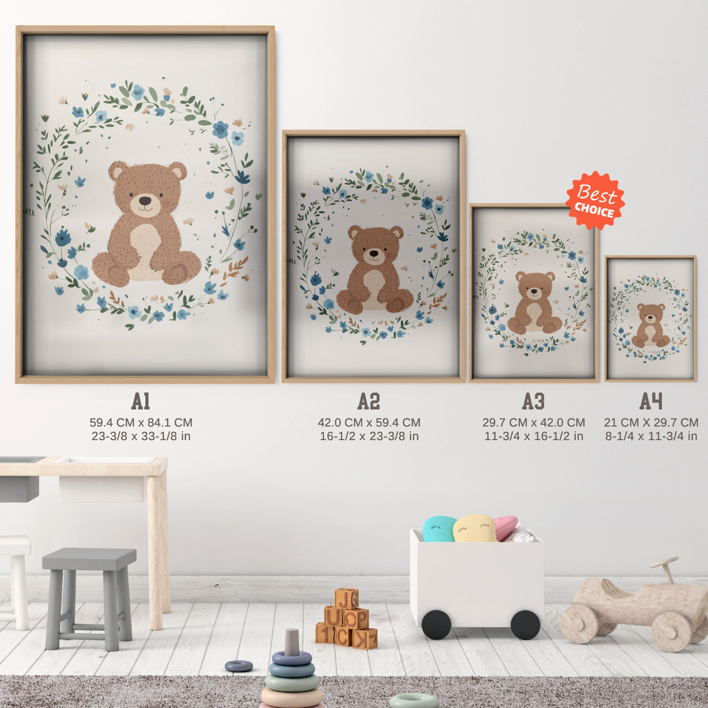 Teddy in a Wreath Nursery Print - size guide A4 A3 A2 A1 nursery print