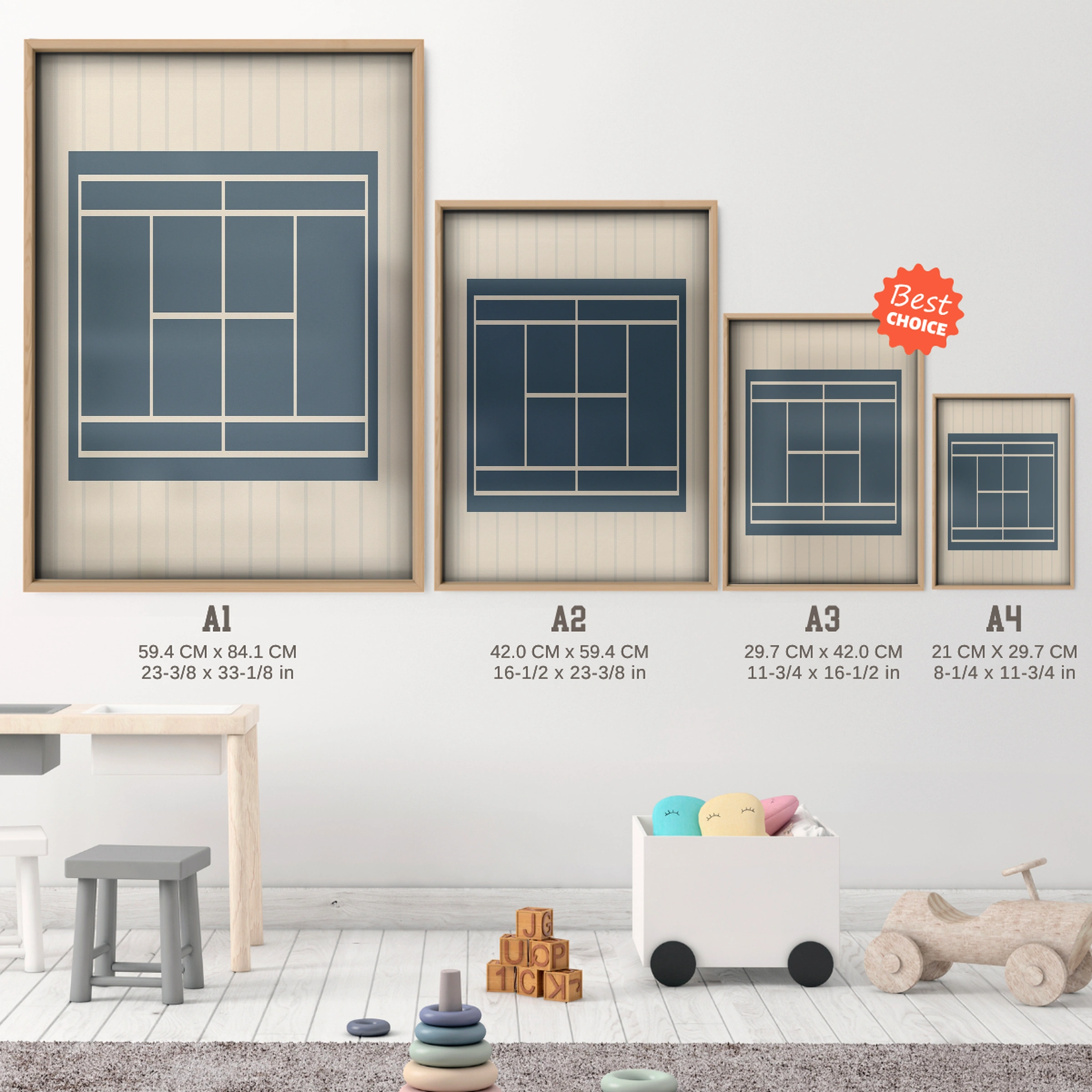 Tennis Court Nursery Print - size guide A4 A3 A2 A1 nursery print