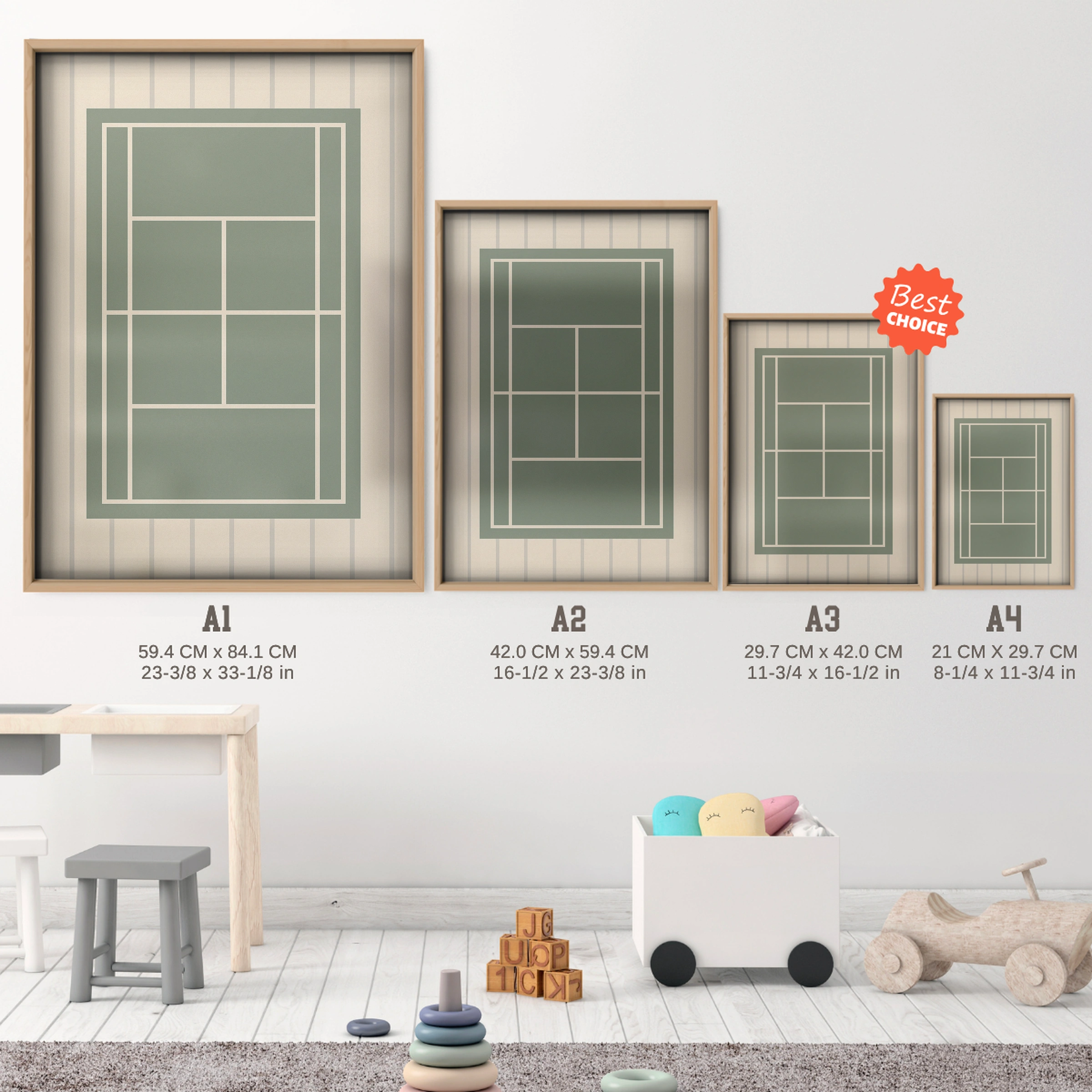 Tennis Court Two Nursery Print - size guide A4 A3 A2 A1 nursery print