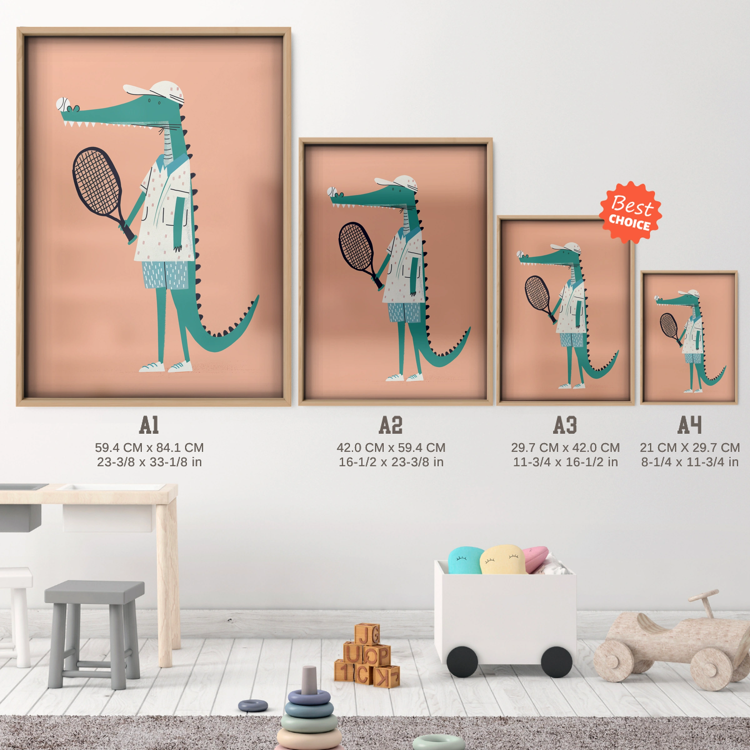 Tennis Crocodile Nursery Print - size guide A4 A3 A2 A1 nursery print
