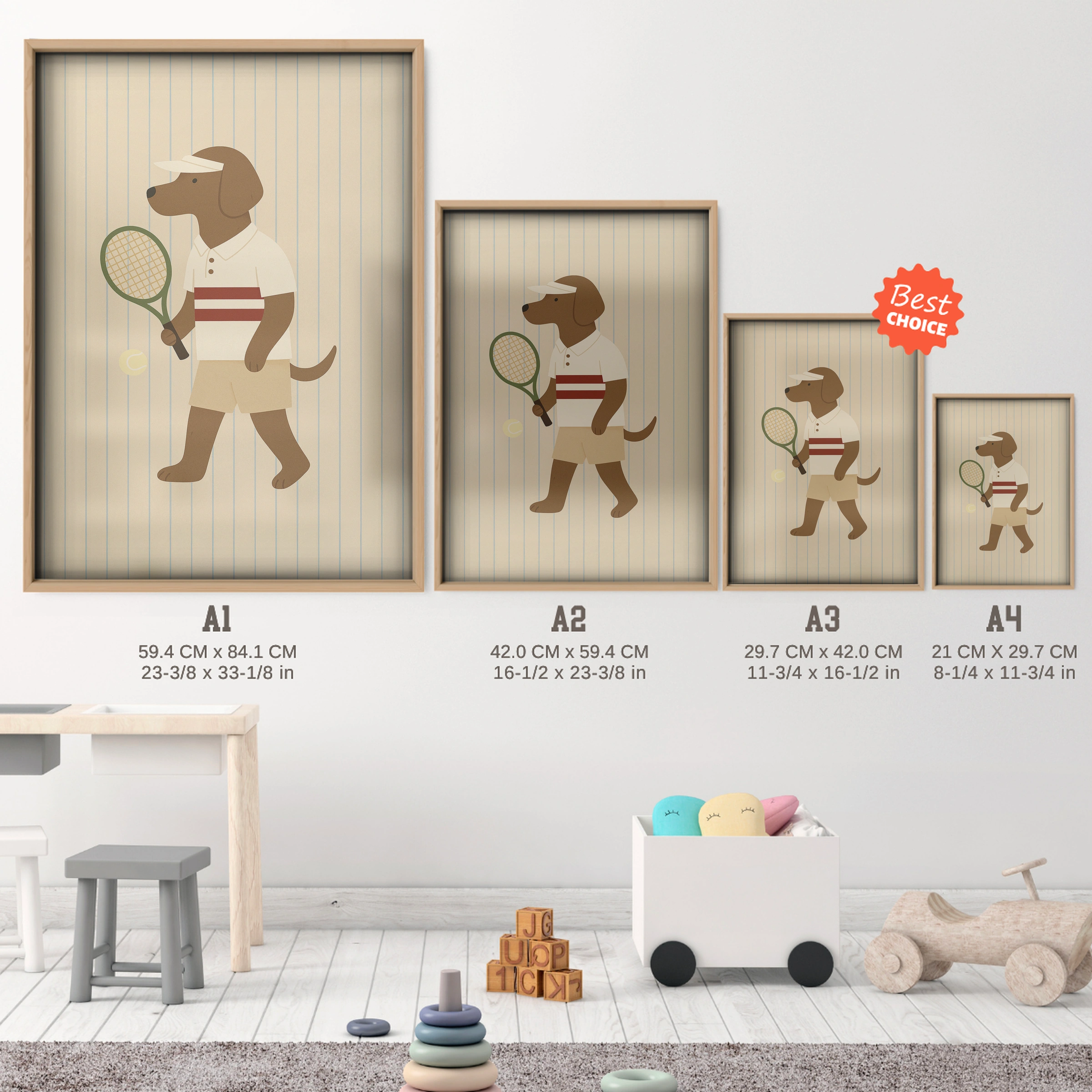 Tennis Dog Nursery Print - size guide A4 A3 A2 A1 nursery print
