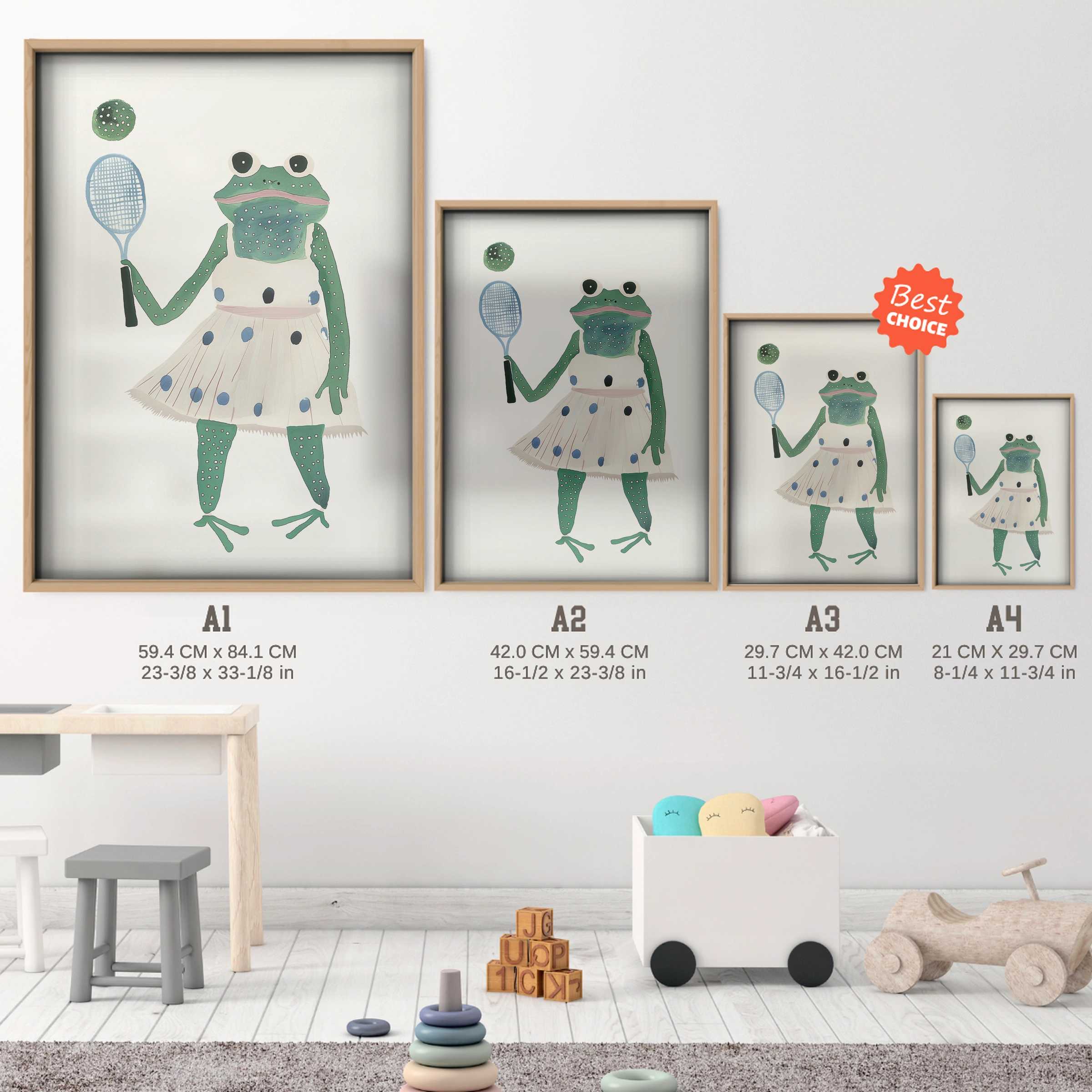 Tennis Frog Nursery Print - size guide A4 A3 A2 A1 nursery print
