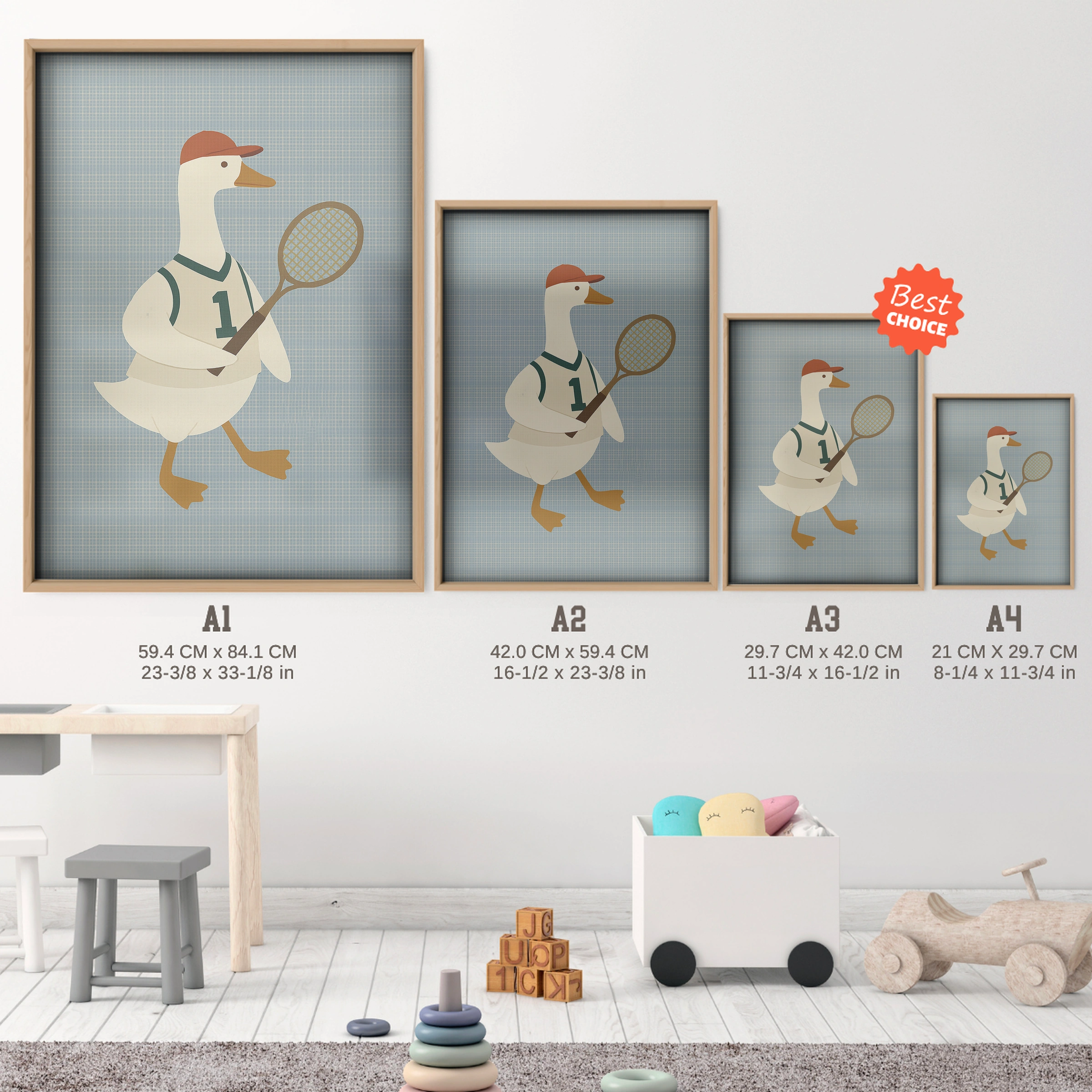Tennis Goose Nursery Print - size guide A4 A3 A2 A1 nursery print