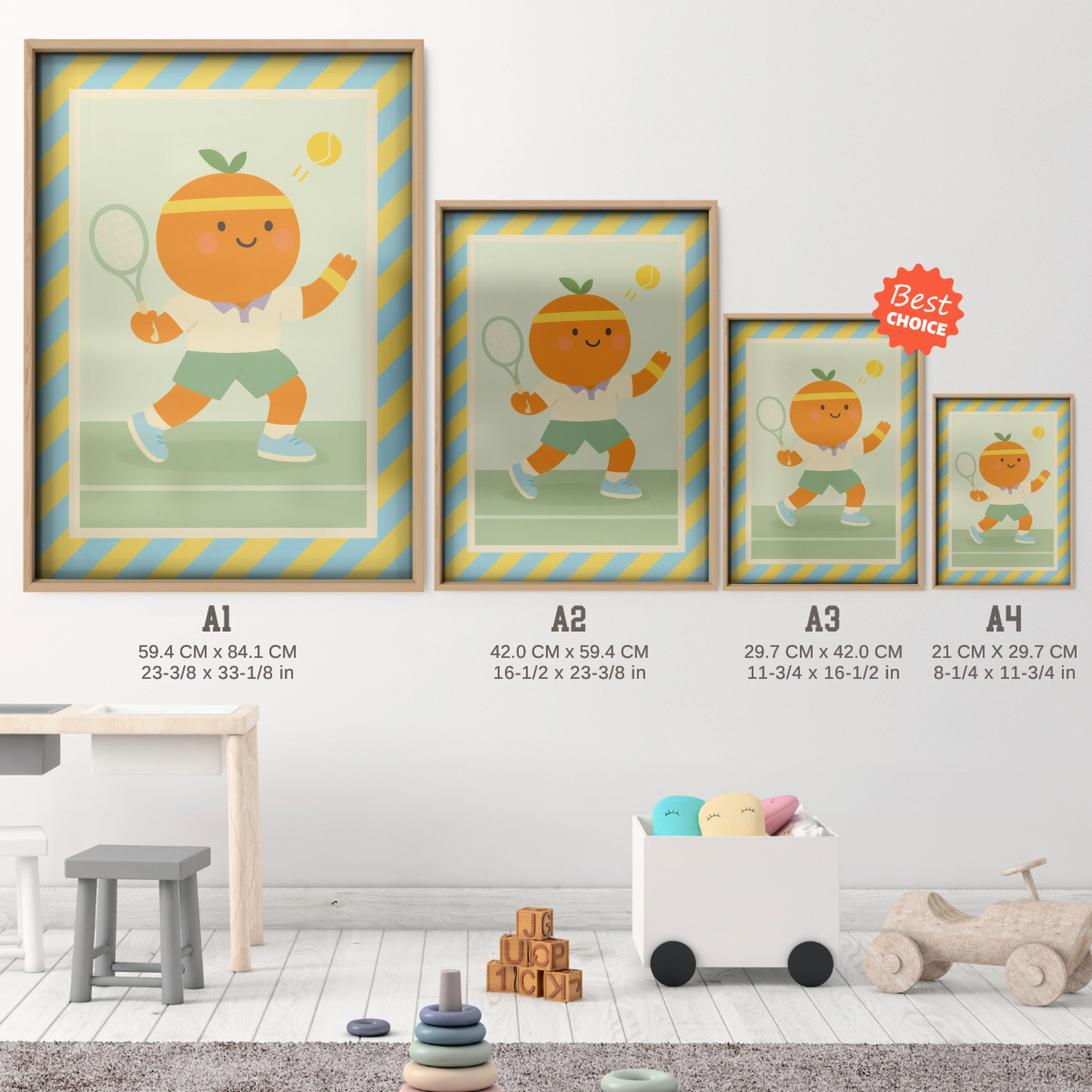 Tennis Orange Nursery Print - size guide A4 A3 A2 A1 nursery print