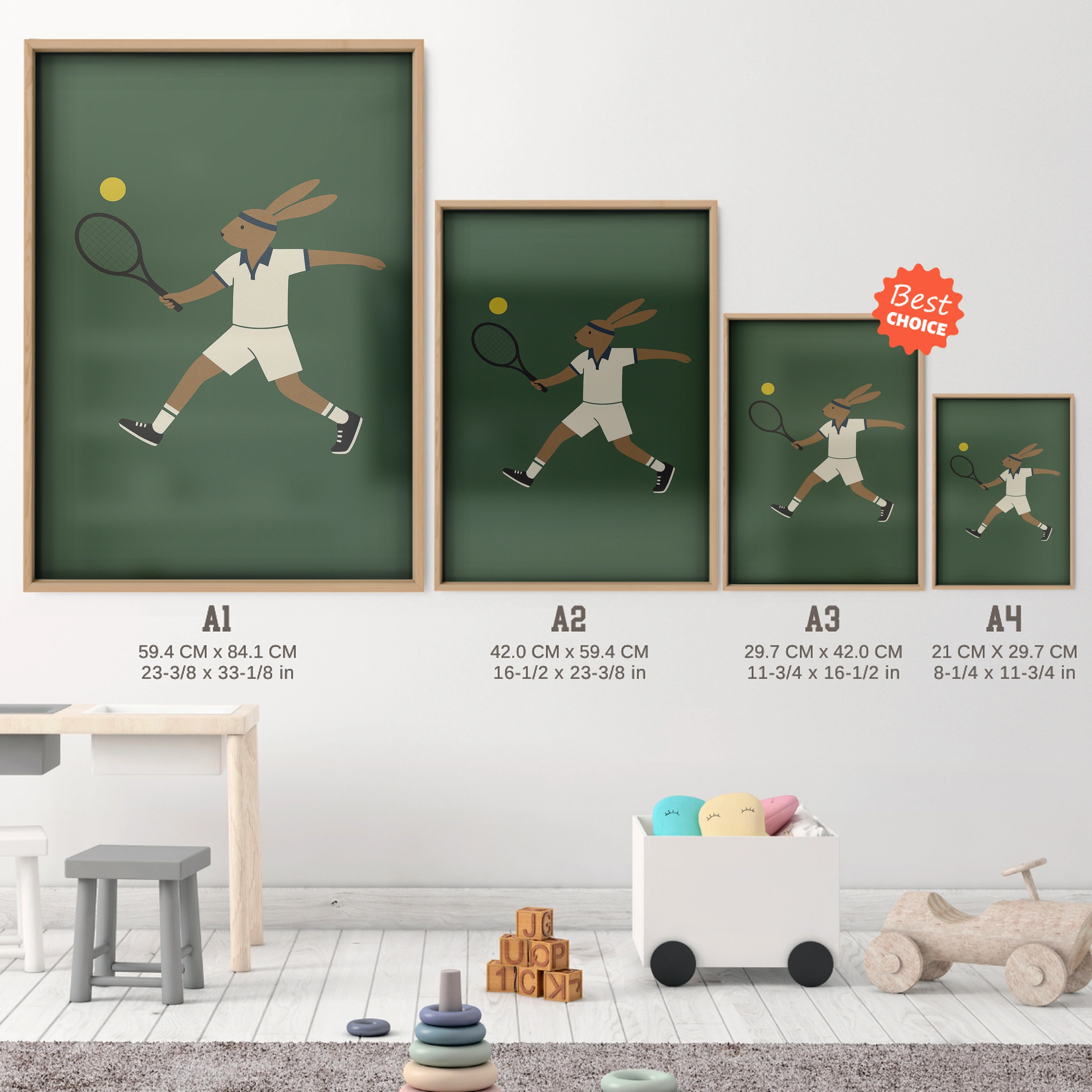 Tennis Player Rabbit Nursery Print - size guide A4 A3 A2 A1 nursery print