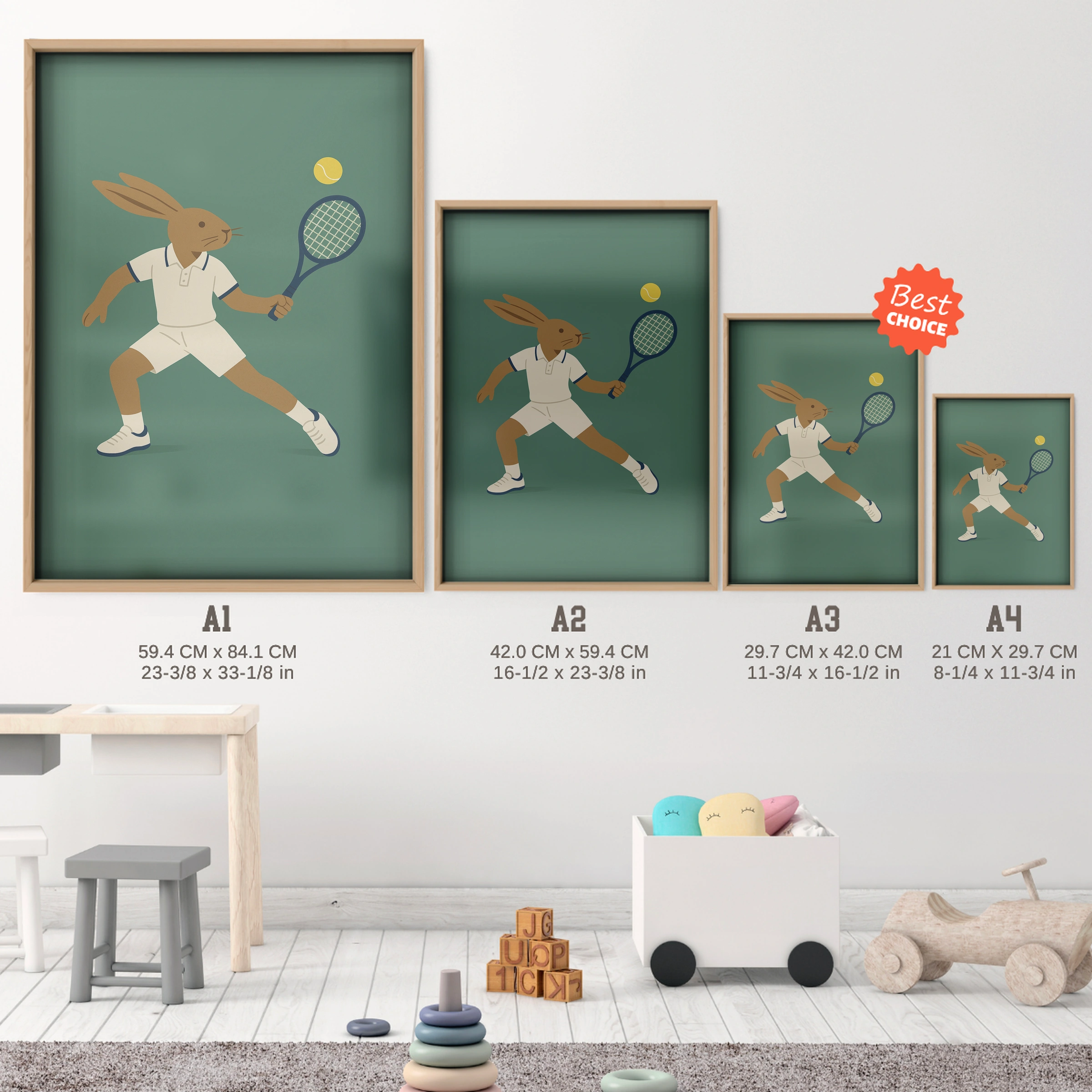 Tennis Rabbit Nursery Print - size guide A4 A3 A2 A1 nursery print