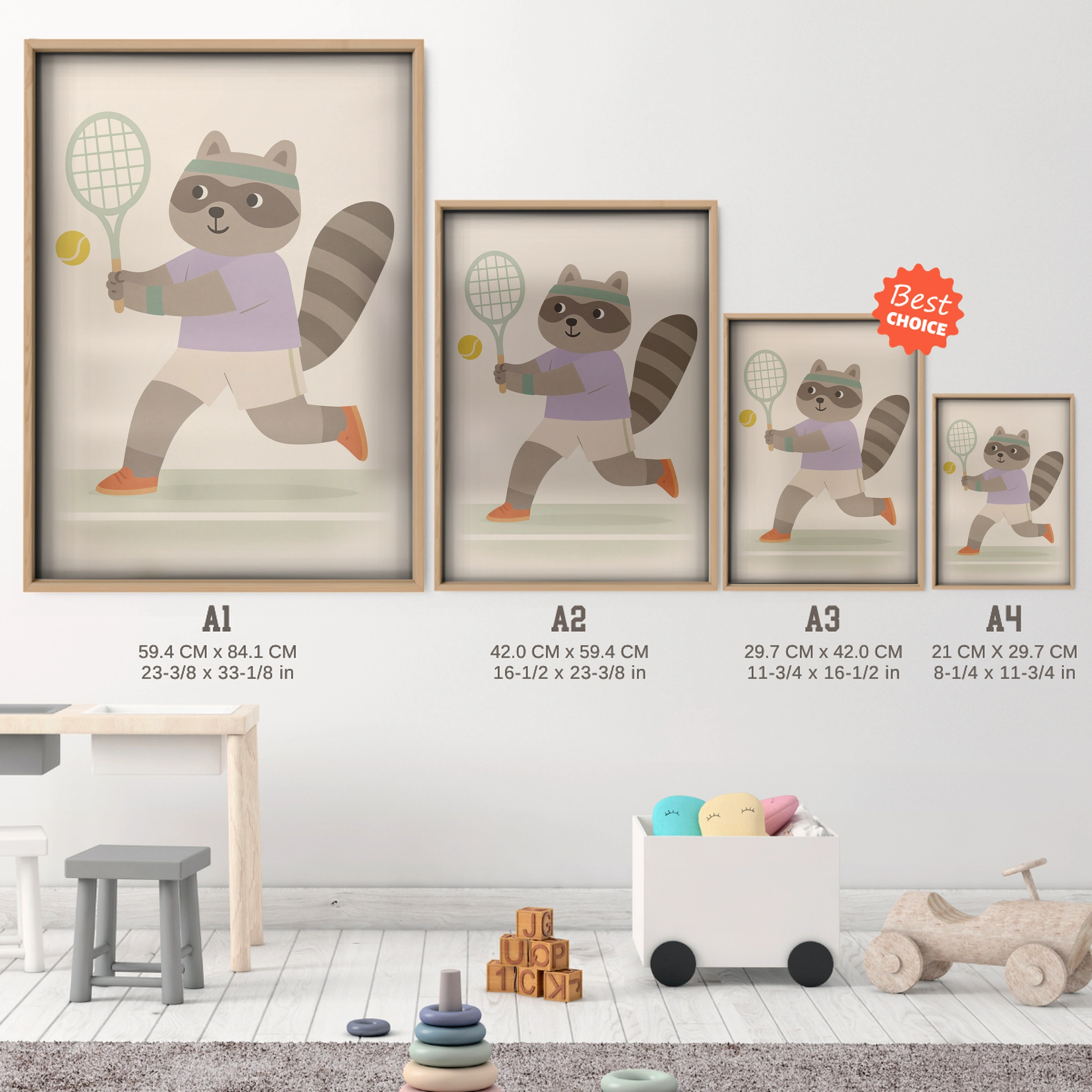 Tennis Raccoon Nursery Print - size guide A4 A3 A2 A1 nursery print