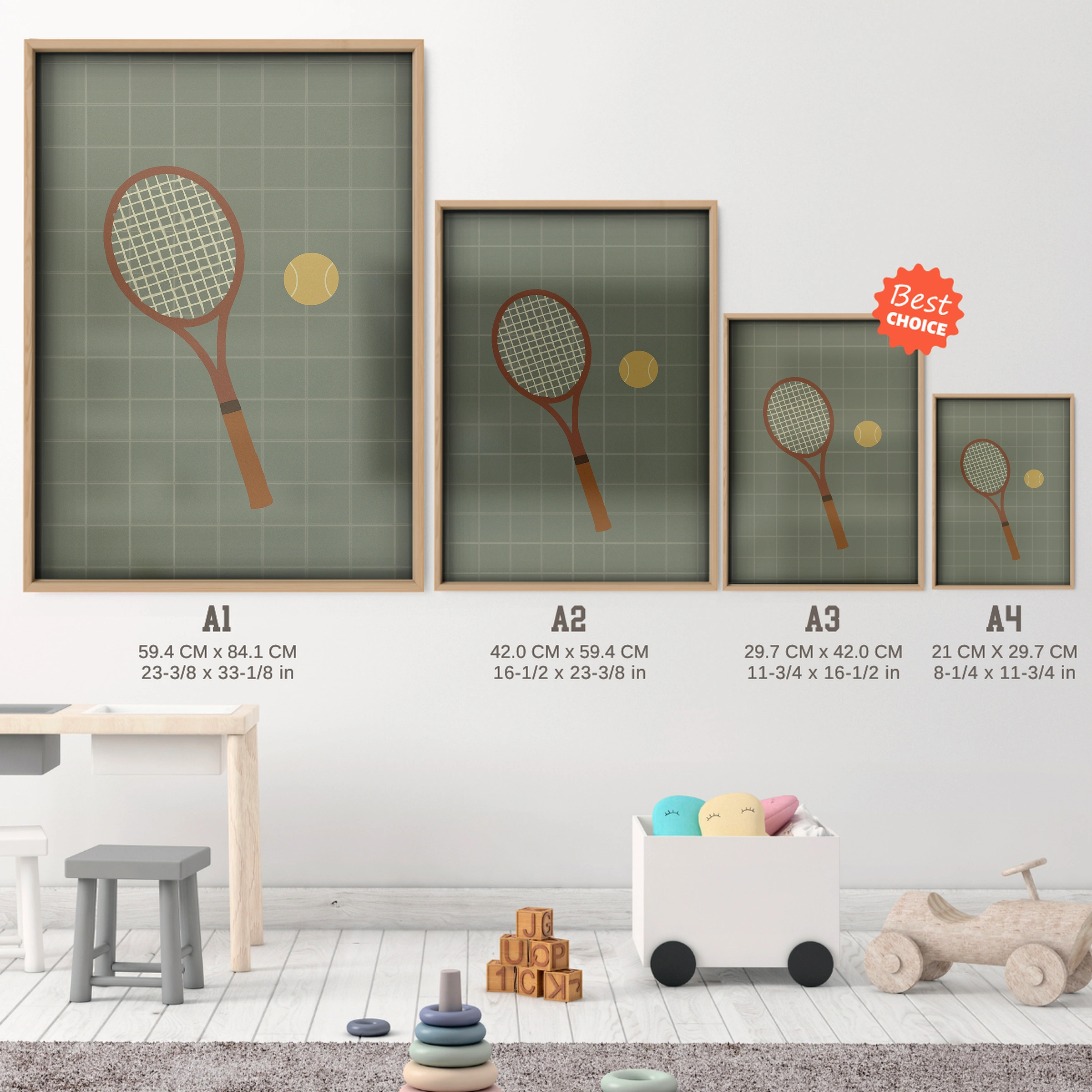 Tennis Racket and Ball Nursery Print - size guide A4 A3 A2 A1 nursery print