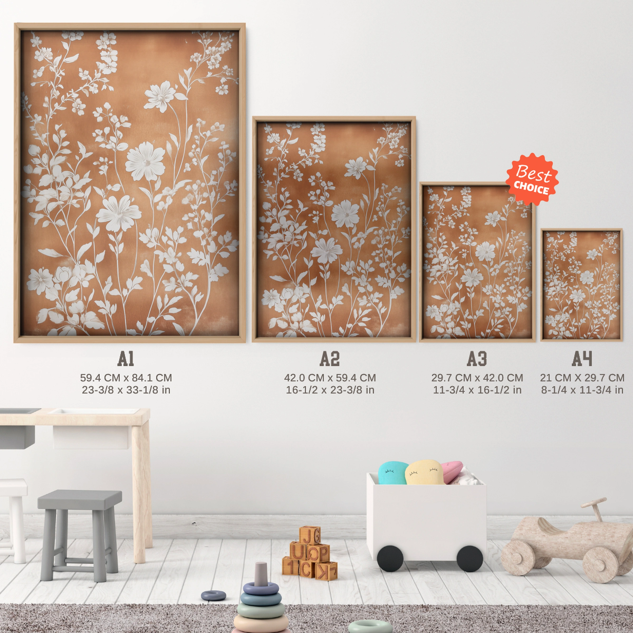 Terracotta Blossom Nursery Print - size guide A4 A3 A2 A1 nursery print