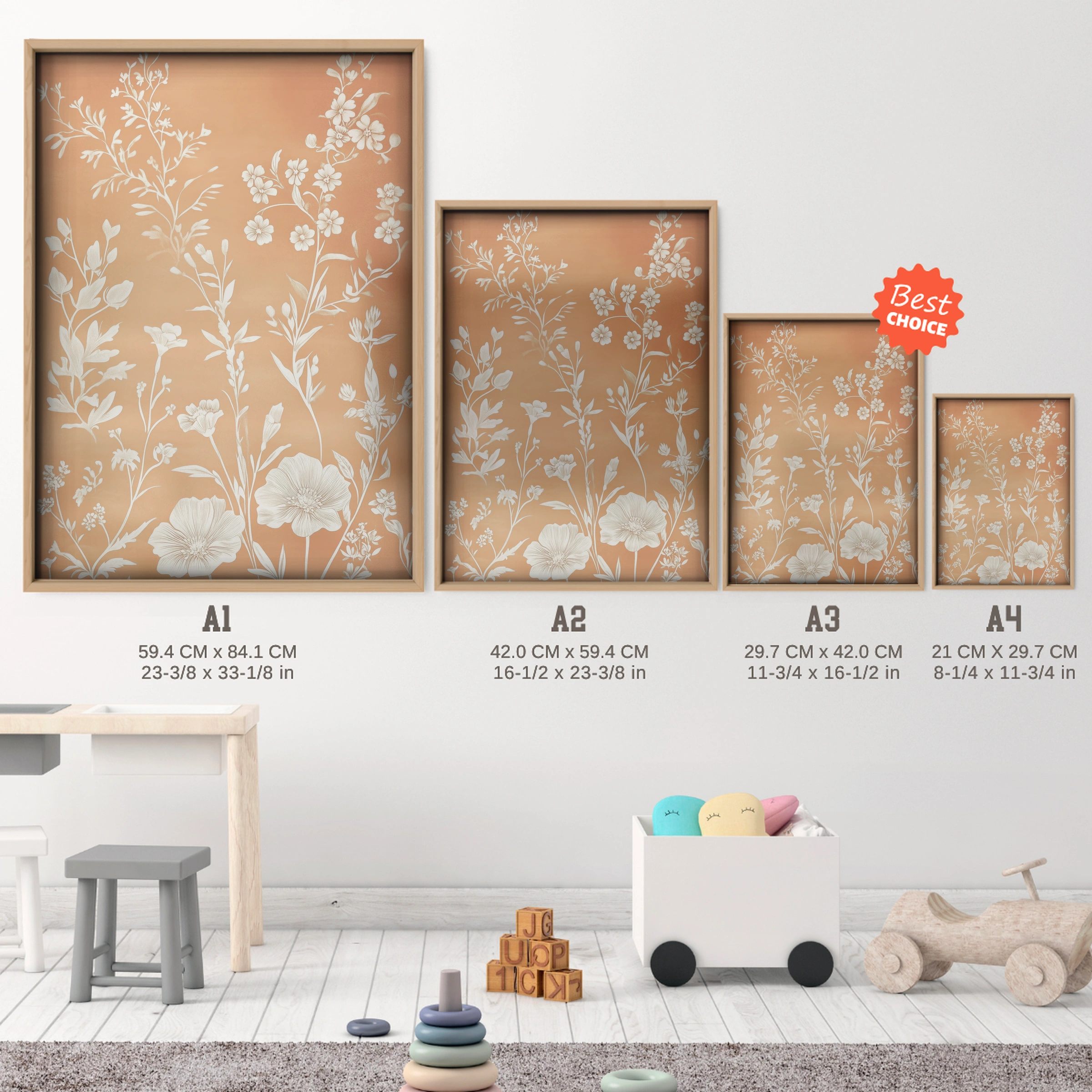 Terracotta Floral Nursery Print - size guide A4 A3 A2 A1 nursery print